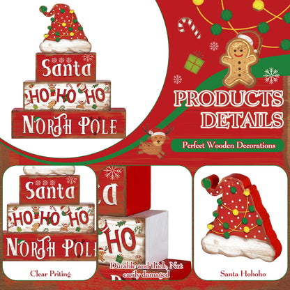 Moucuny 4 Pcs Christmas Table Sign Christmas Hat Wooden Decorative Signage Xmas Tiered Tray Decor Winter Centerpieces Farmhouse Wooden Block Set Xmas Table Sign for Home