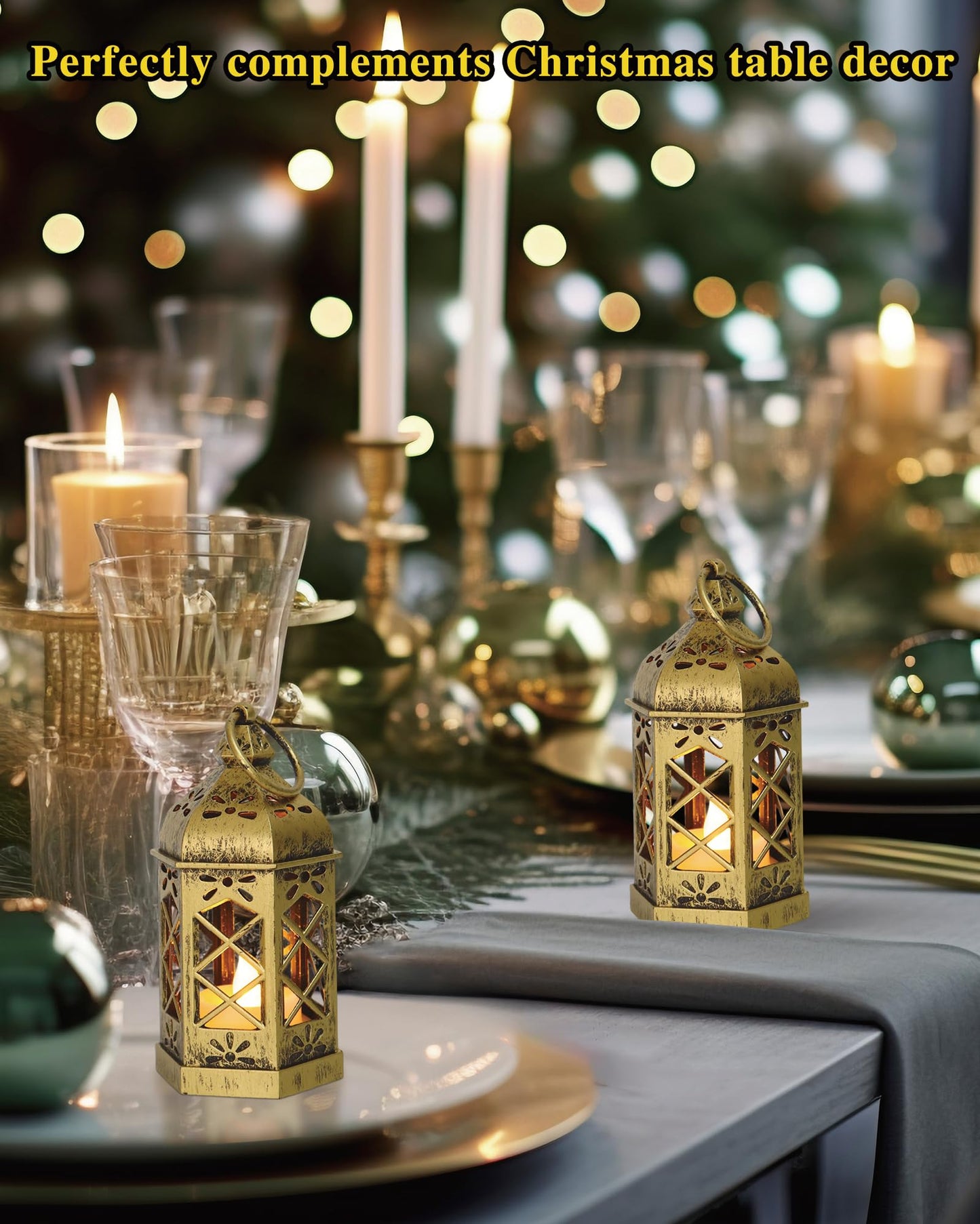 Reperla 8-Pack Mini Lanterns with Flickering LED Candles for Ramadan, Small Decorative Hanging Lanterns for Halloween, Christmas, Wedding, Gold Lantern for Table Centerpiece, Garden Party Decor
