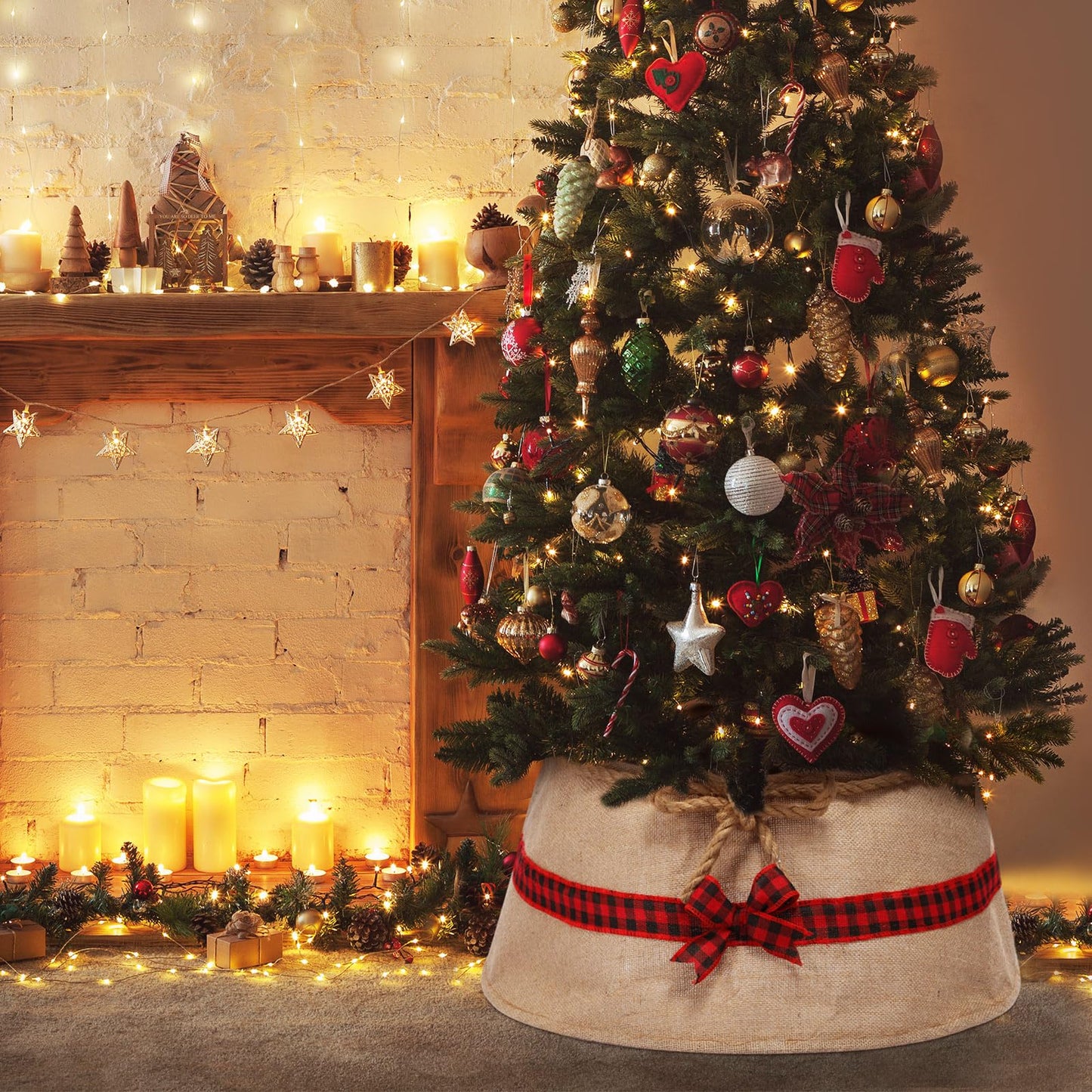 Outus Farmhouse Burlap Christmas Tree Collar Rustic Christmas Tree Ring Easy Set Up for Holiday Xmas Decor(Ribbons)