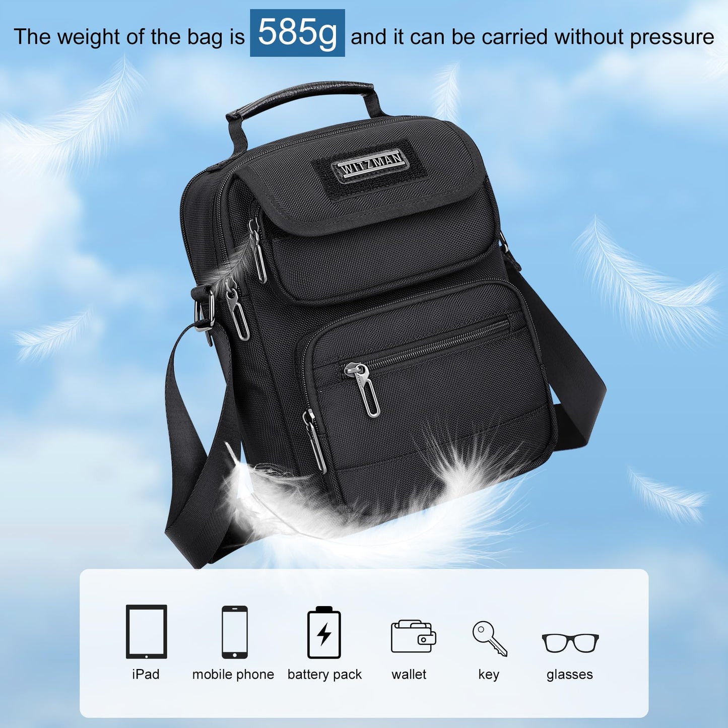 WITZMAN Crossbody Bag for Men Casual Shoulder Bag Lightweight Nylon Messenger Bag Small Man Purse for Work Travel(B710 Black)