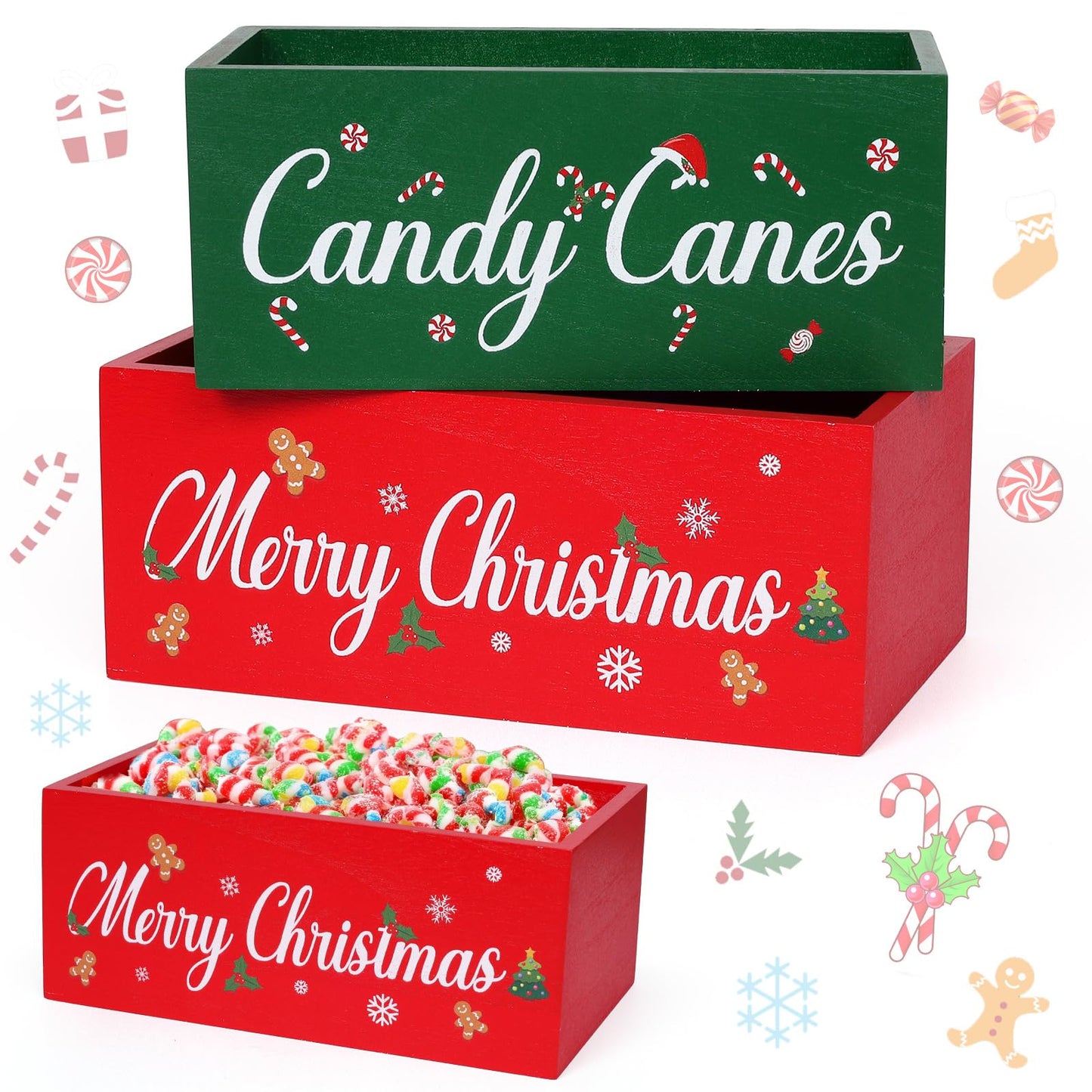 OAXNTGW 2 Pcs Merry Christmas Bowl Dish Xmas Party Supplies Candy Canes Wooden Candy Dish Serving Holder for Table Red Green Serving Dish for Corn Holiday Hot Cocoa Bar