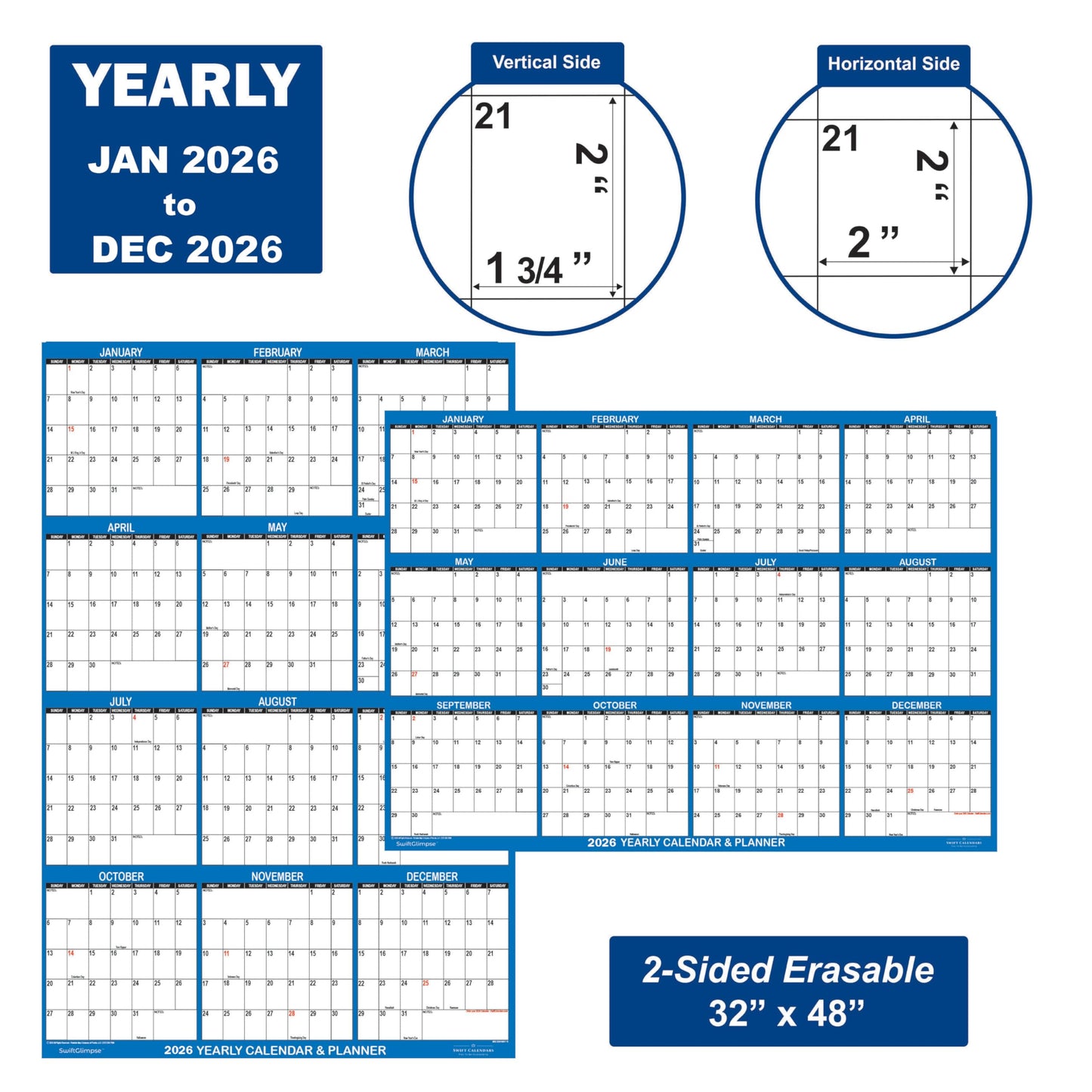 32" x 48" SwiftGlimpse 2026 Wall Calendar Erasable Large XL Wet & Dry Erase Laminated 12 Month Annual Yearly Wall Planner, Reversible, Navy