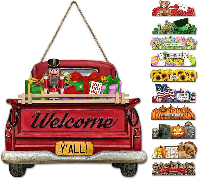 Interchangeable Welcome Sign for Front Door Red Farmhouse Truck Decor Hanging Sign with 11 Interchangeable Seasonal and Holiday Decor Signs 12x14 in. (Country Rustic)