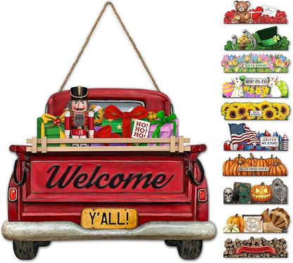 Interchangeable Welcome Sign for Front Door Red Farmhouse Truck Decor Hanging Sign with 11 Interchangeable Seasonal and Holiday Decor Signs 12x14 in. (Country Rustic)