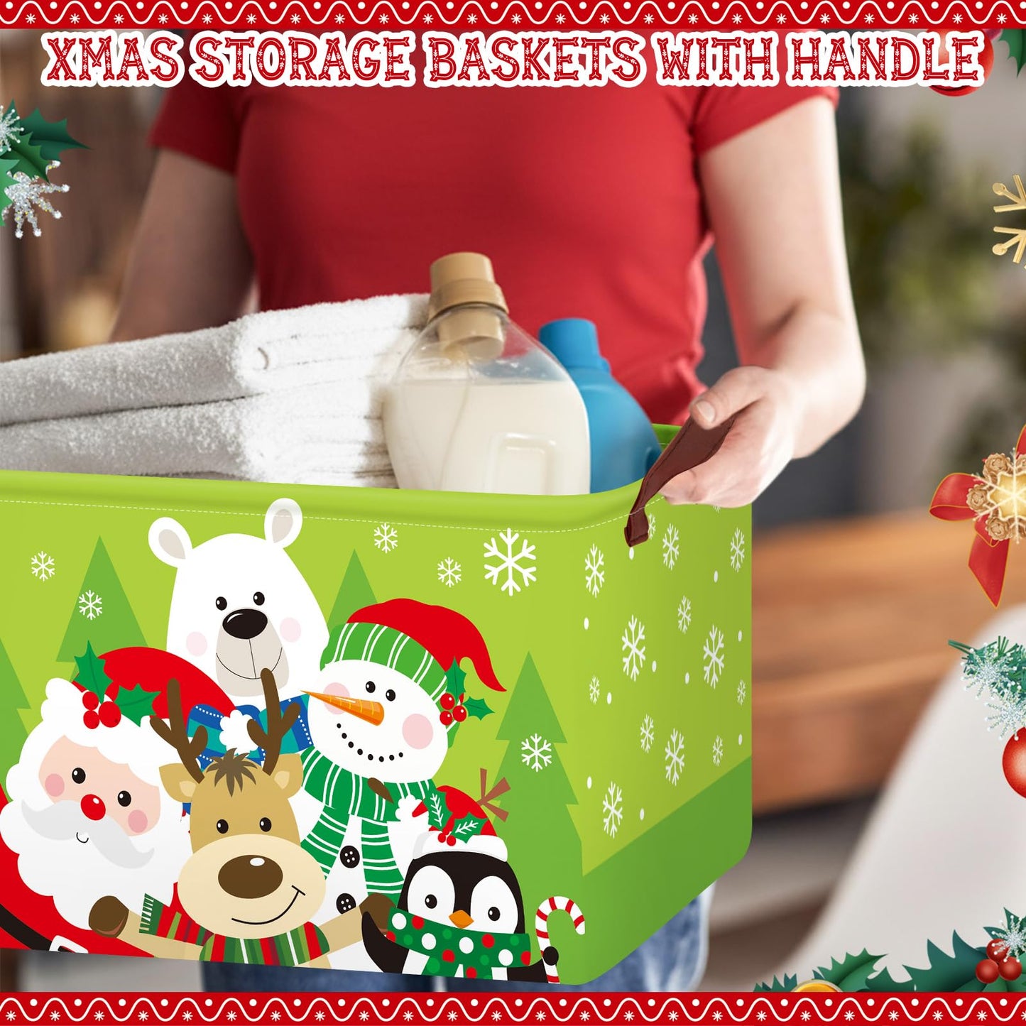 Boao 3 Pack Large Christmas Storage Baskets for Gifts Empty Collapsible Christmas Storage Bin with Handle, Xmas Canvas Laundry Basket for Home Bedroom Clothes Toys Closet Shelf Office Holiday Decor
