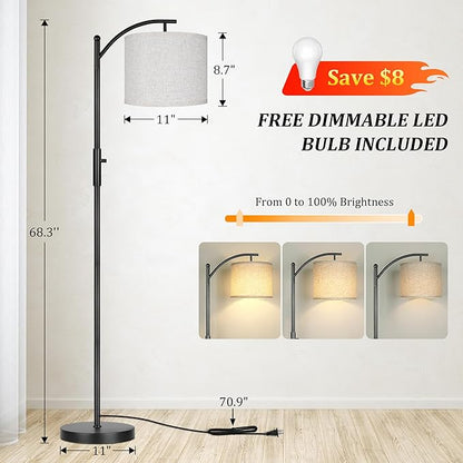 Dimmable Floor Lamp, Arc Floor Lamps for Living Room, Stepless Dimming Modern Standing Lamp with Linen Shade, Tall Lamp for Bedroom Office Dining Room- Black