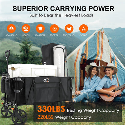 Uyittour 140L Collapsible Wagon Cart Foldable, Folding Utility Grocery Cart with Side Pocket and Brakes for Shopping, Sports, Camping and Garden, Black