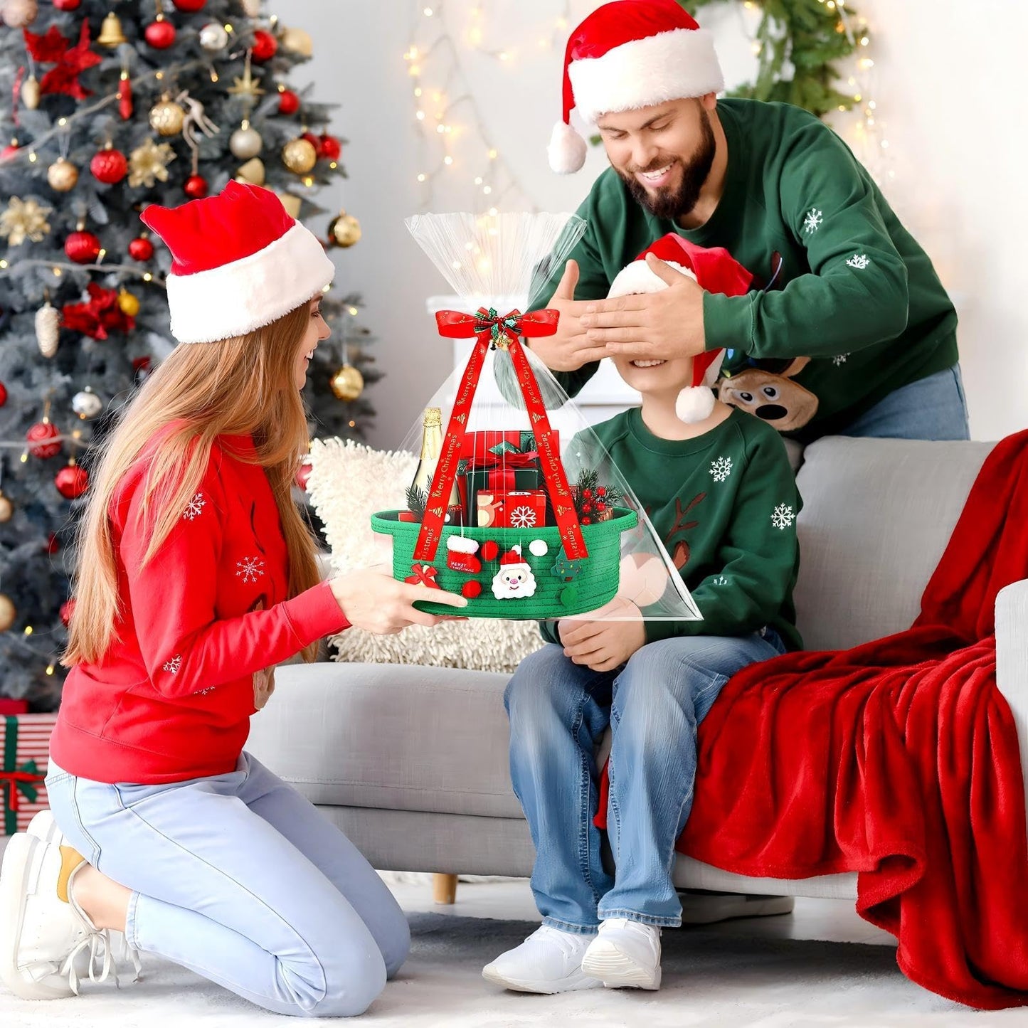 Funnymoom 3 Set Christmas Gift Basket Empty Small Woven Basket with Gift Bag Bow Ribbon Xmas Card 12" x 8" x 5" Cotton Rope Storage Bin with Handle for Christmas Holiday Decoration(Green,Classic)