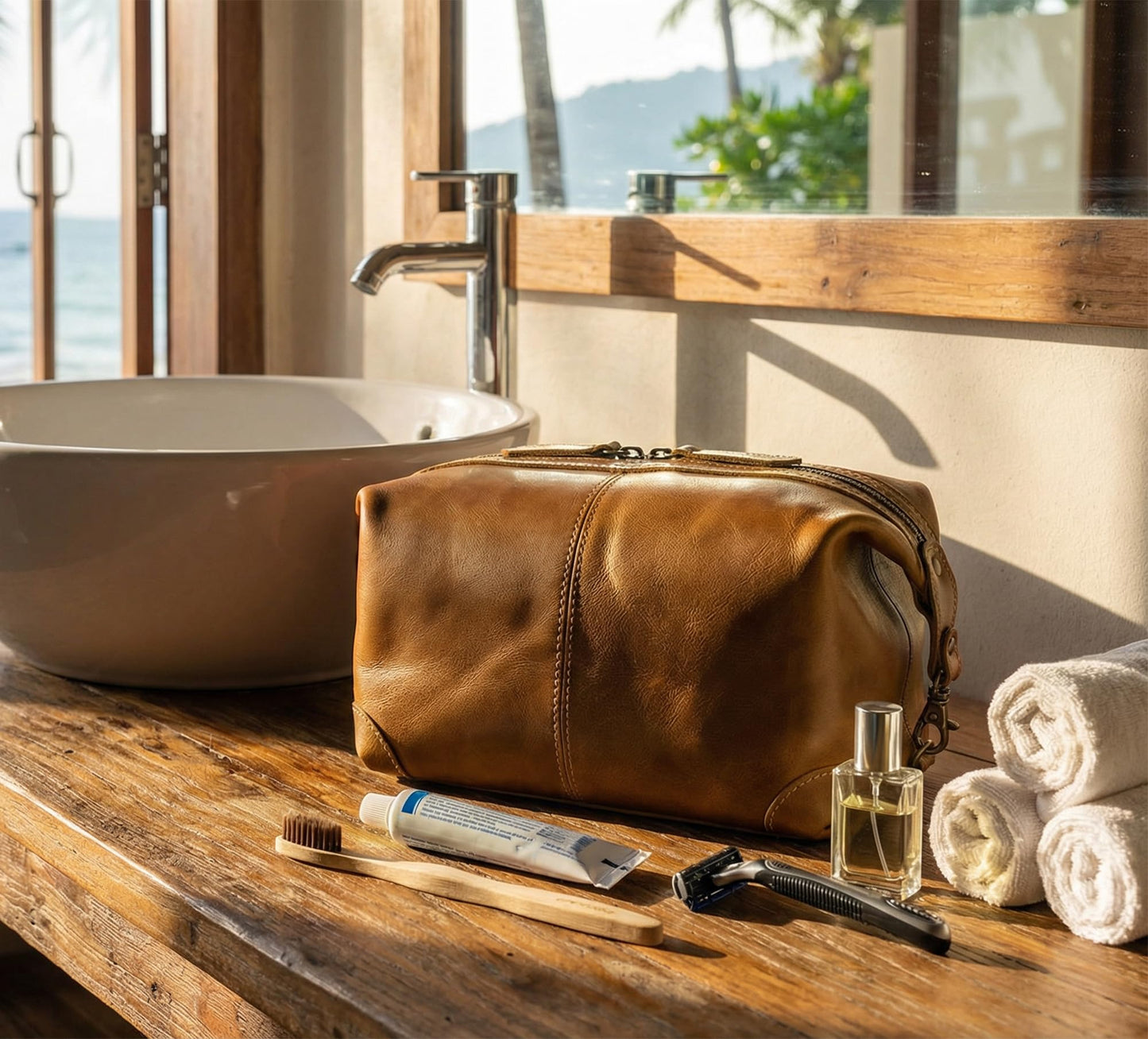 RUSTIC TOWN Full Grain Leather Toiletry Bag for Men & Women – Handcrafted Travel Dopp Kit – Large Water-Resistant Makeup & Shaving Organizer