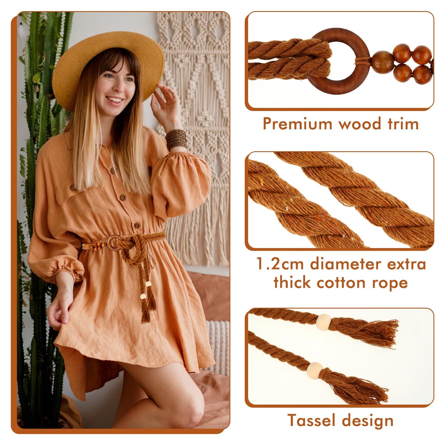 TIESOME Women's Tassel Braided Waist Belt, Skinny Woven Belt for Dress Waist Belt Rope Chain with Woven Wooden Beads for Women Girls Godness (Brown)