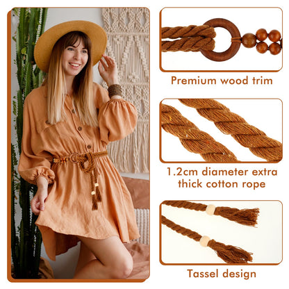 TIESOME Women's Tassel Braided Waist Belt, Skinny Woven Belt for Dress Waist Belt Rope Chain with Woven Wooden Beads for Women Girls Godness (Brown)