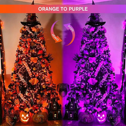 JMEXSUSS Christmas Lights, 8 Modes Waterproof Christmas Light Outdoor Plug in, Clear Wire String Lights Indoor Bedroom 500 LED Orange and Purple 163 FT