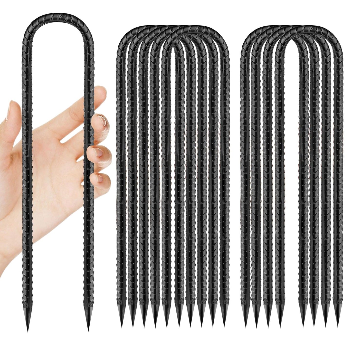 Ground Stakes Heavy Duty 12 inch, U-Hook Rebar Stakes Black Coated Anti-Rust 10pcs Garden Stakes Metal Ground Anchors for Garden Dog Fence Chicken Coop Christmas Decorations Deer Fence