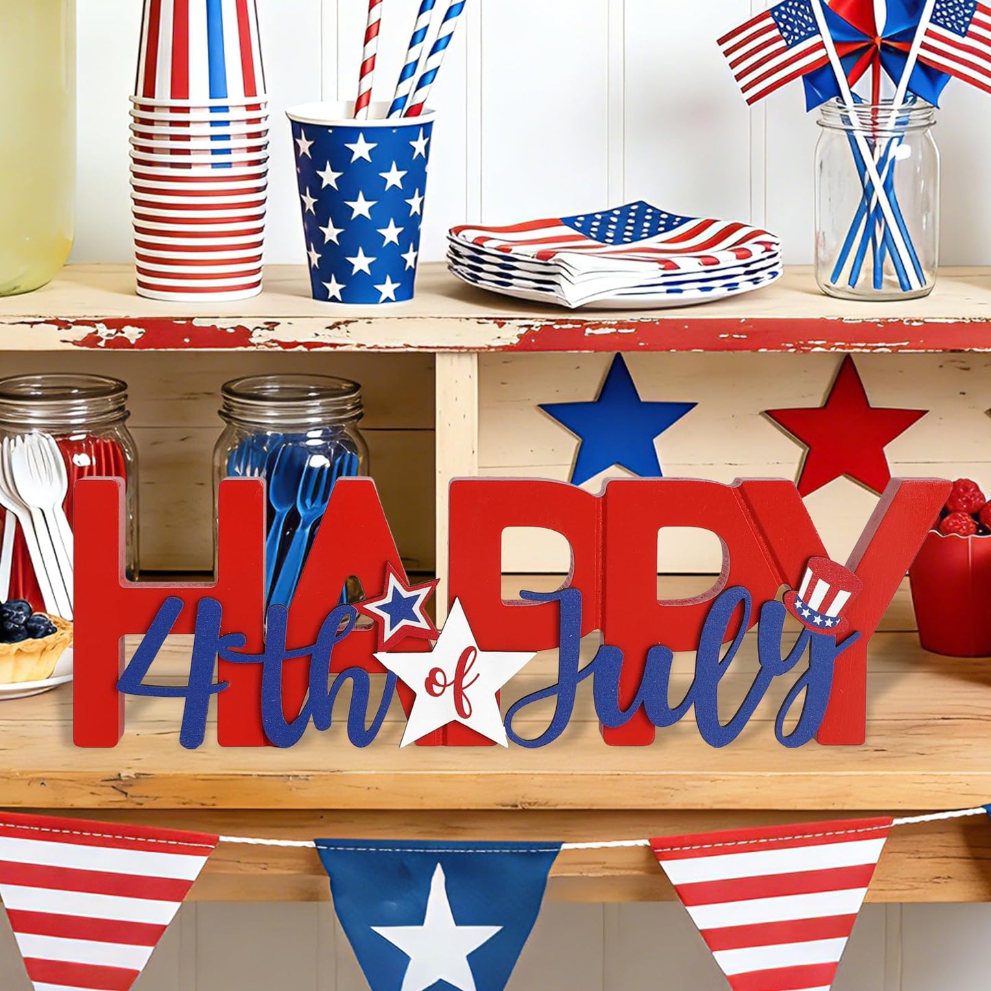 COCHIE Wooden Happy 4th of July Sign, Fourth of July Decorations for Home, Office, Shelf, Mantel, Indoor, Wood Patriotic Decor, Red Blue and White Table Top Centerpiece Party Decoration (Patriotic)