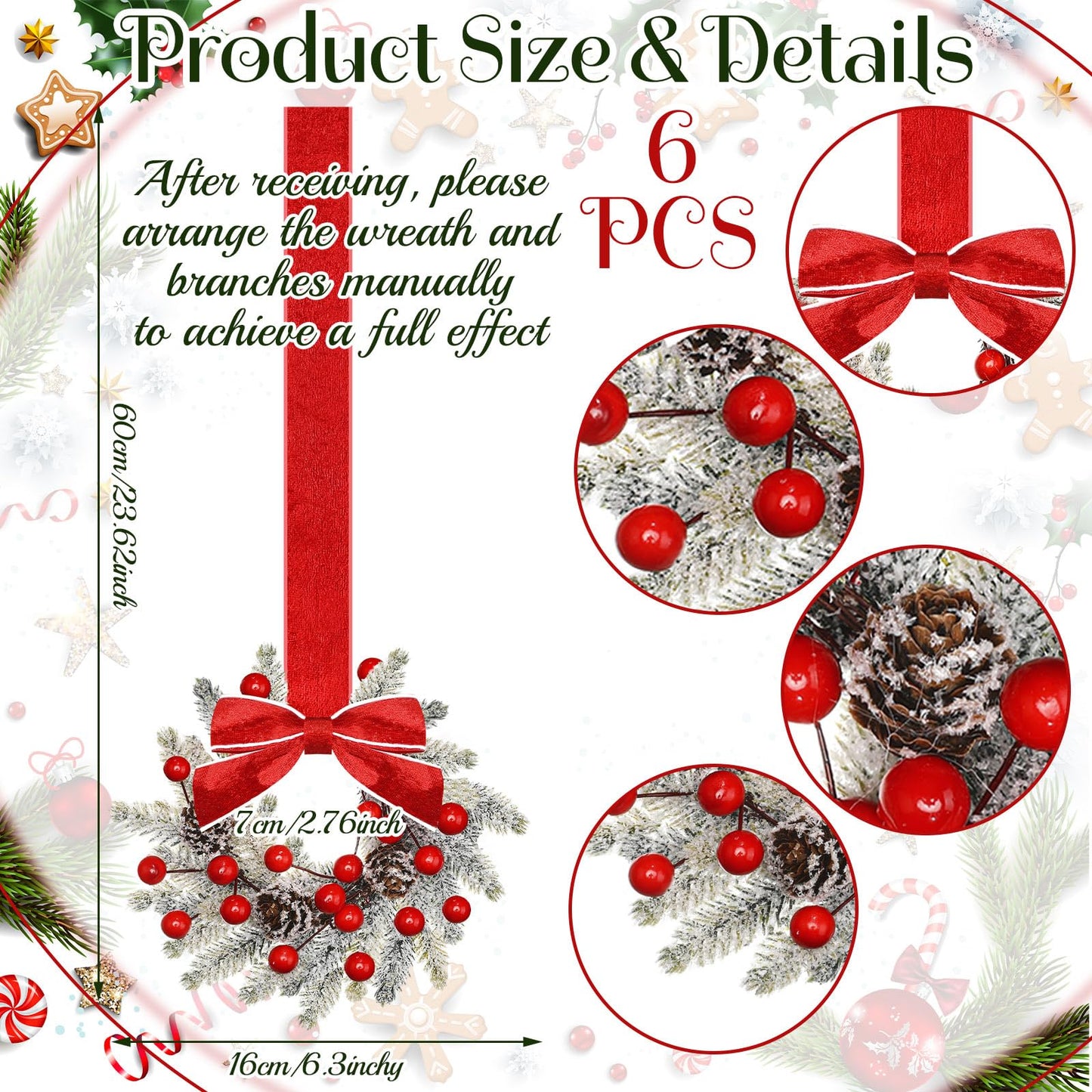 Dingion 6 Pcs 6 Inch Christmas Mini Cabinet Wreaths for Kitchen with Ribbon Bows Red Berry Small Winter Window Wreath Garland for Door Window Farmhouse Christmas Party Decorations