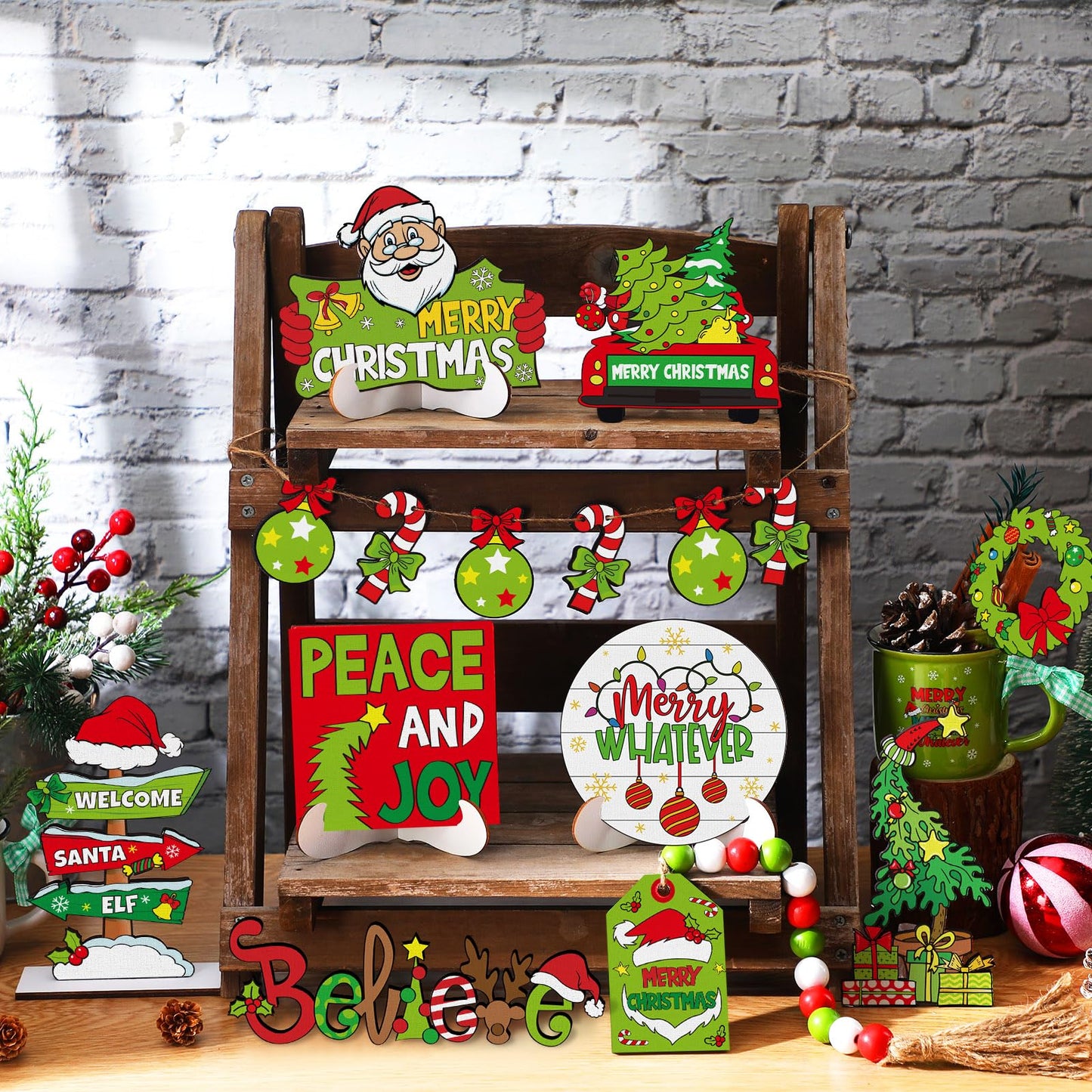 GlikCeil 19 Pcs Christmas Tiered Tray Decor Set Lime Green Red Tray Decorations Merry Christmas Decor Items Santa Candy Wooden Sign Xmas Table Centerpieces Decorations for Home Shelf Party