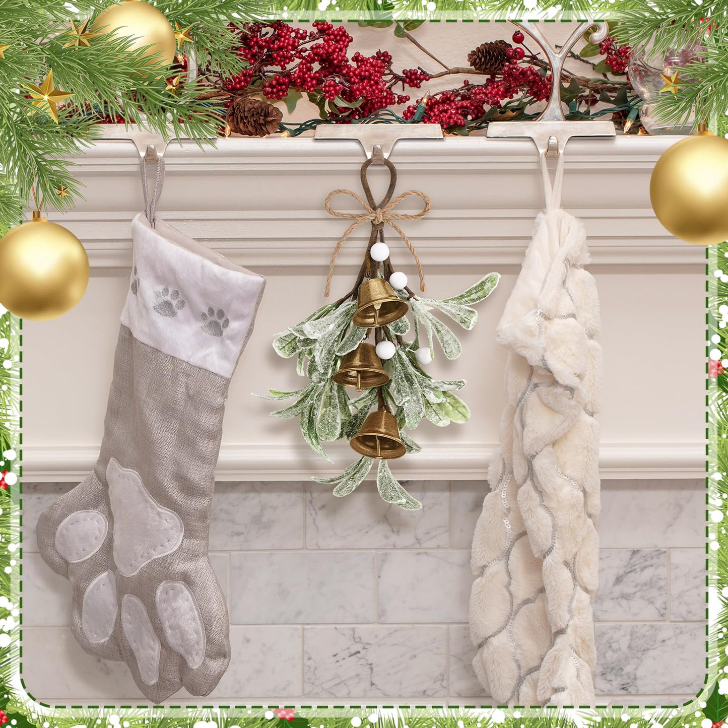 Tigeen Christmas Mistletoe Kiss Decor with Metal Bells and Bow Knots 8.6 Inch Artificial Christmas Mistletoe Hanging Ornaments for Xmas Party Tree Doors Walls Window Fireplaces Decorations(White)