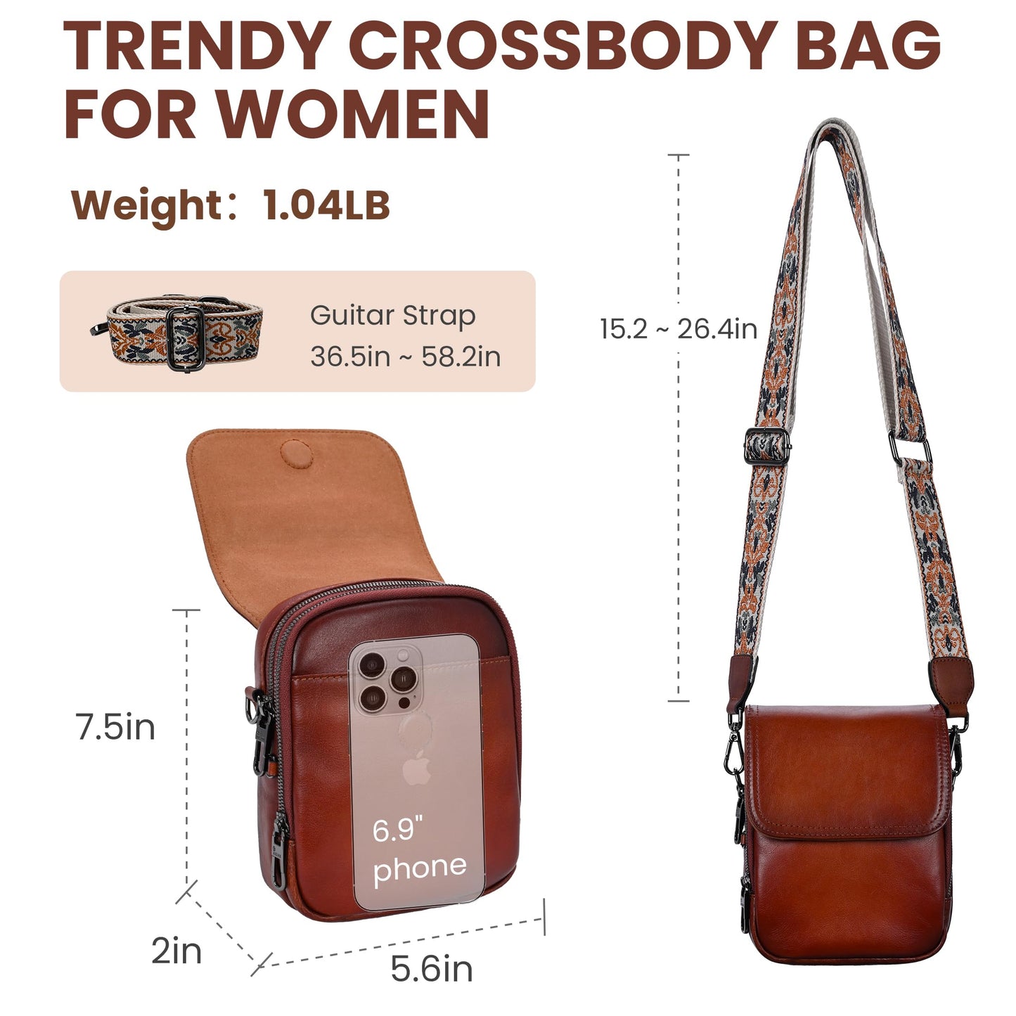 HESHE Leather Small Crossbody Bags for Women RFID Blocking Cell Phone Purse Anti-Theft Travel Bag with wide Straps (Retro Brown)