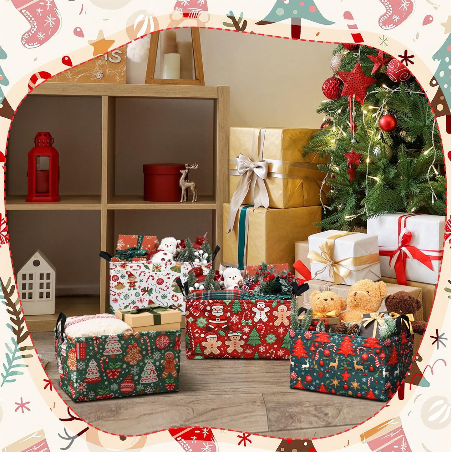 Bulyoou 4pcs Christmas Storage Basket Fabric Laundry Baskets with Handle Xmas Foldable Organizer Boxes for Office Home Baby Cloth Toy Book 15 x 10 x 8(Retro)