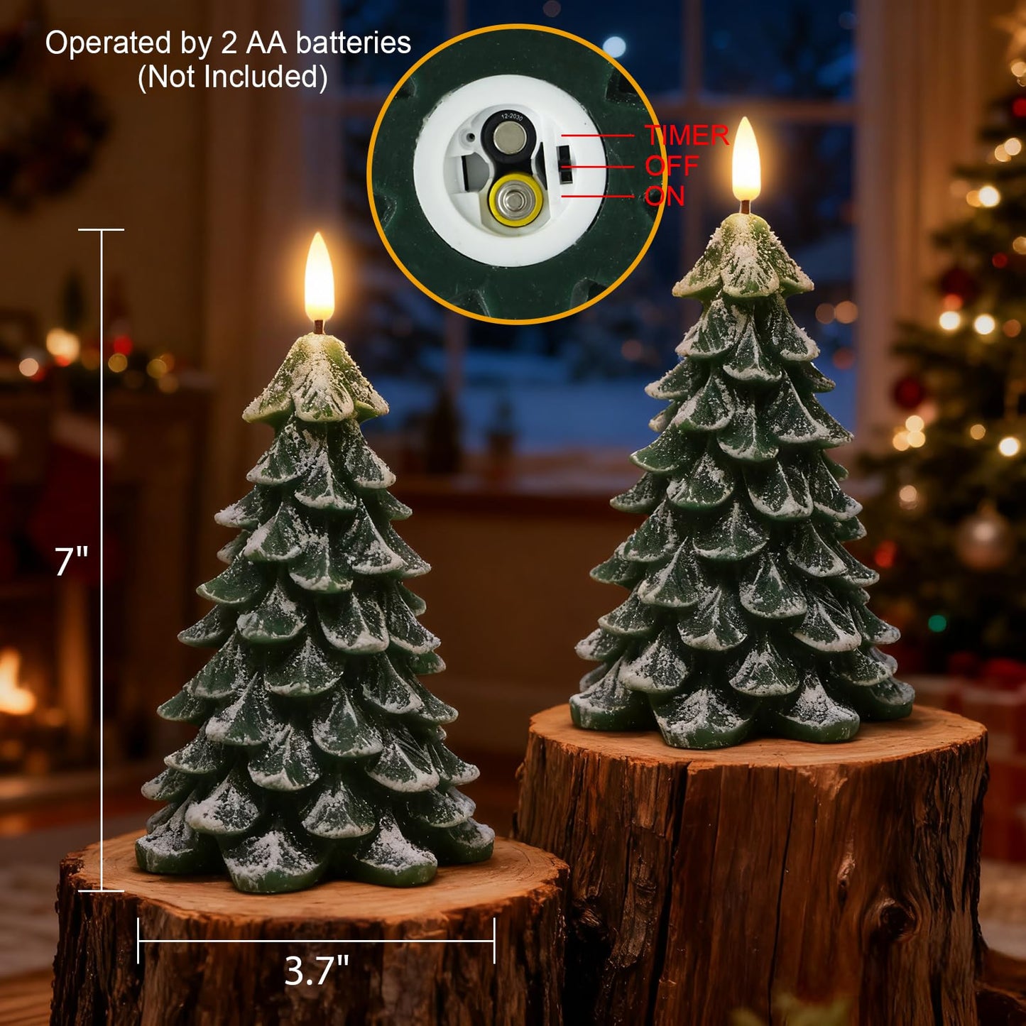 Wondise Christmas Tree Flameless Candles with 6H Timer, 2 Pcs Real Wax Battery Operated LED Candles Flickering, 3D Wick Green Electric Candles for Christmas Holiday Decorations