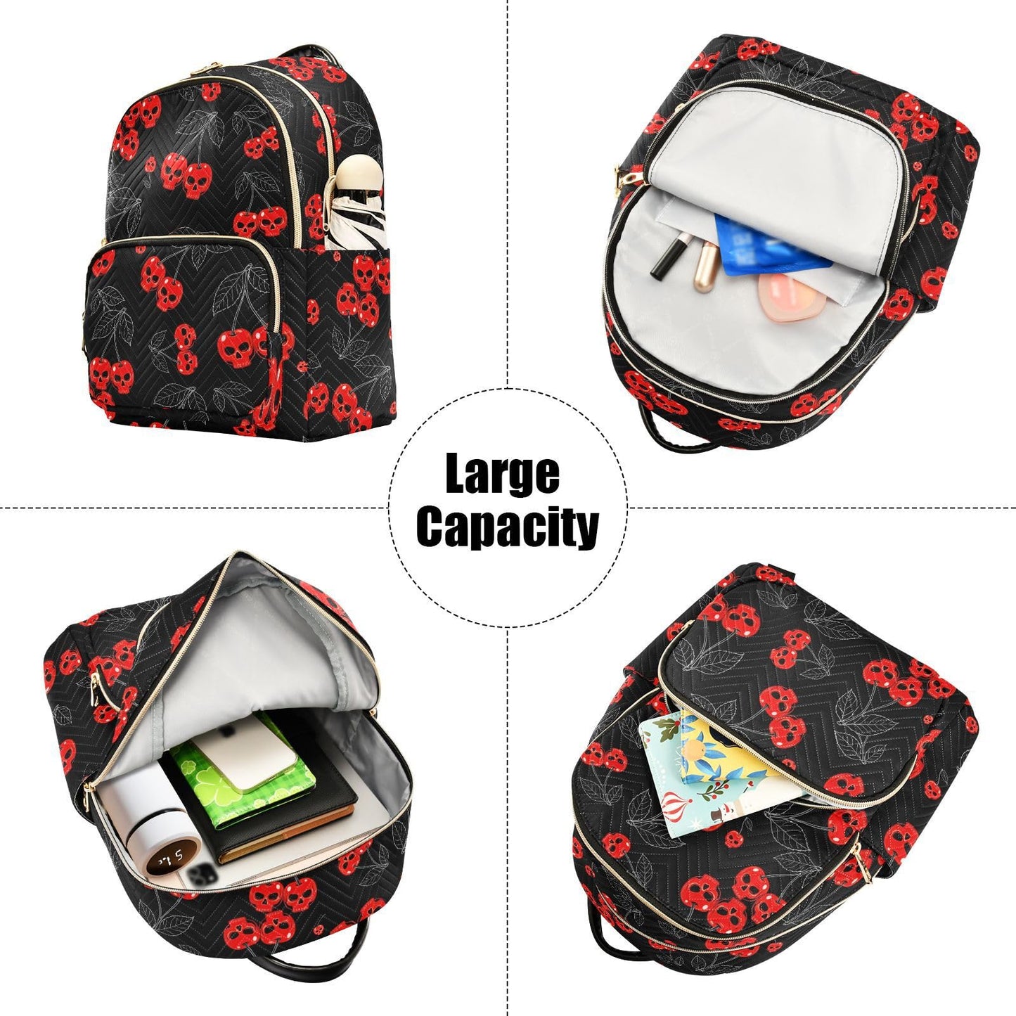 Mozuya Cherry Skull Backpack Purse for Women Girls Black Anti-theft Mini Fashion Travel Backpack with Zipper for College Travel S