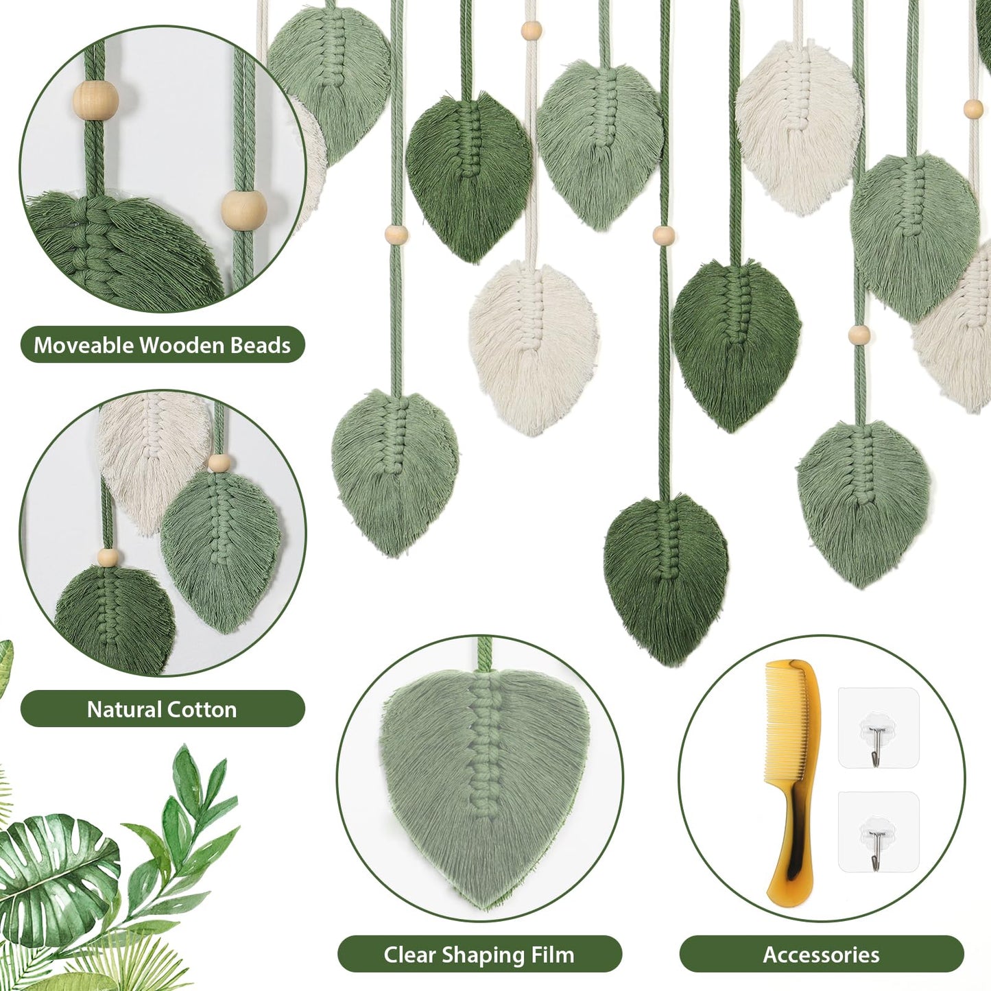 Betylifoy Macrame Wall Hanging Large Macrame Leaves Tapestry Wall Hanging Decoration Boho Handmade Woven Leaf Feather Wall Art Decor for Nursery Bedroom Living Room Office Christmas Thanksgiving Decor, 29 X 51 Inch (Green)
