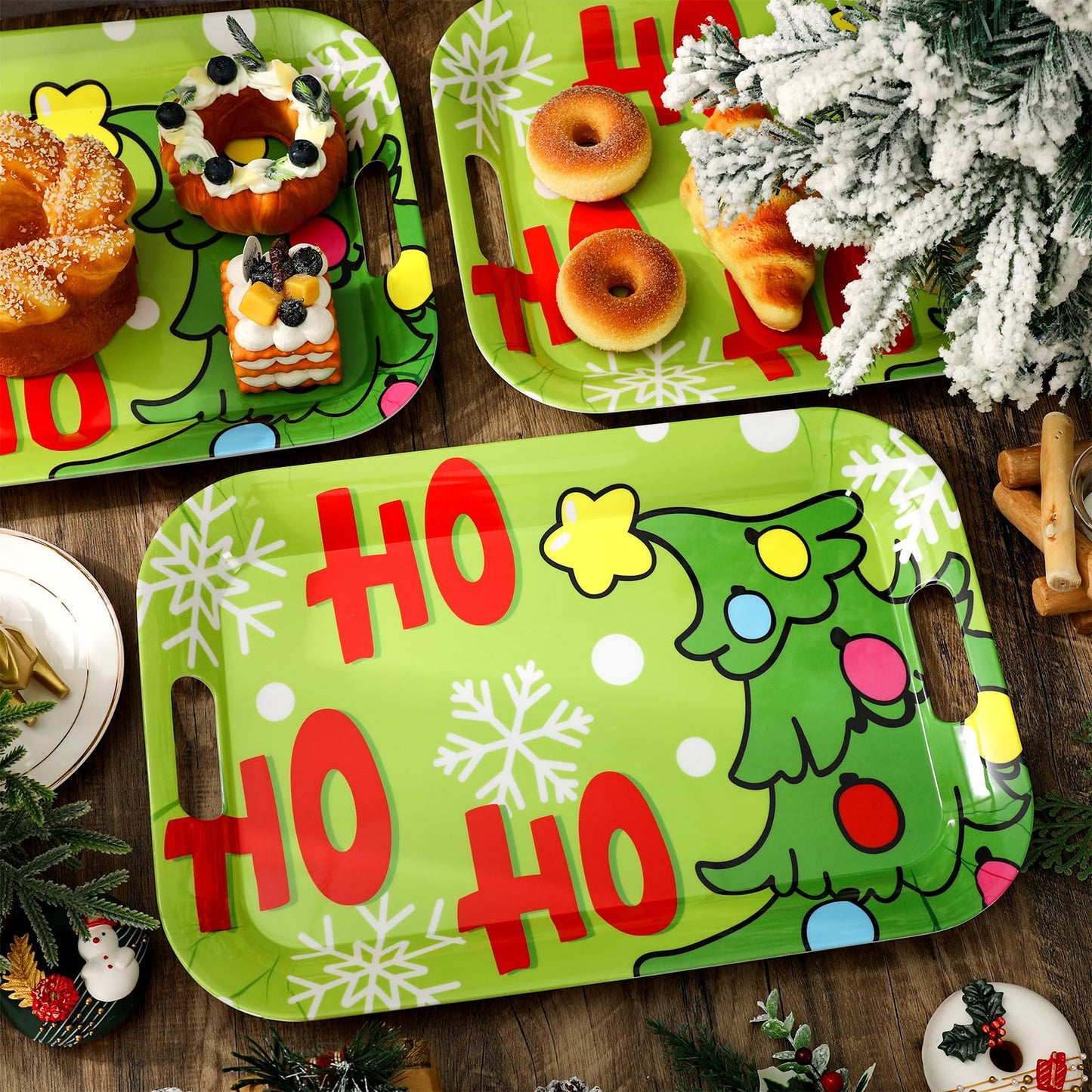 JarThenaAMCS 3Pcs Christmas Serving Trays 16.4 x 11 Inch Xmas Tree HOHOHO Snowflake Platter with Handles Reusable Green Serving Dishes for Winter Birthday Party Sharing Snacks Fruit Dessert