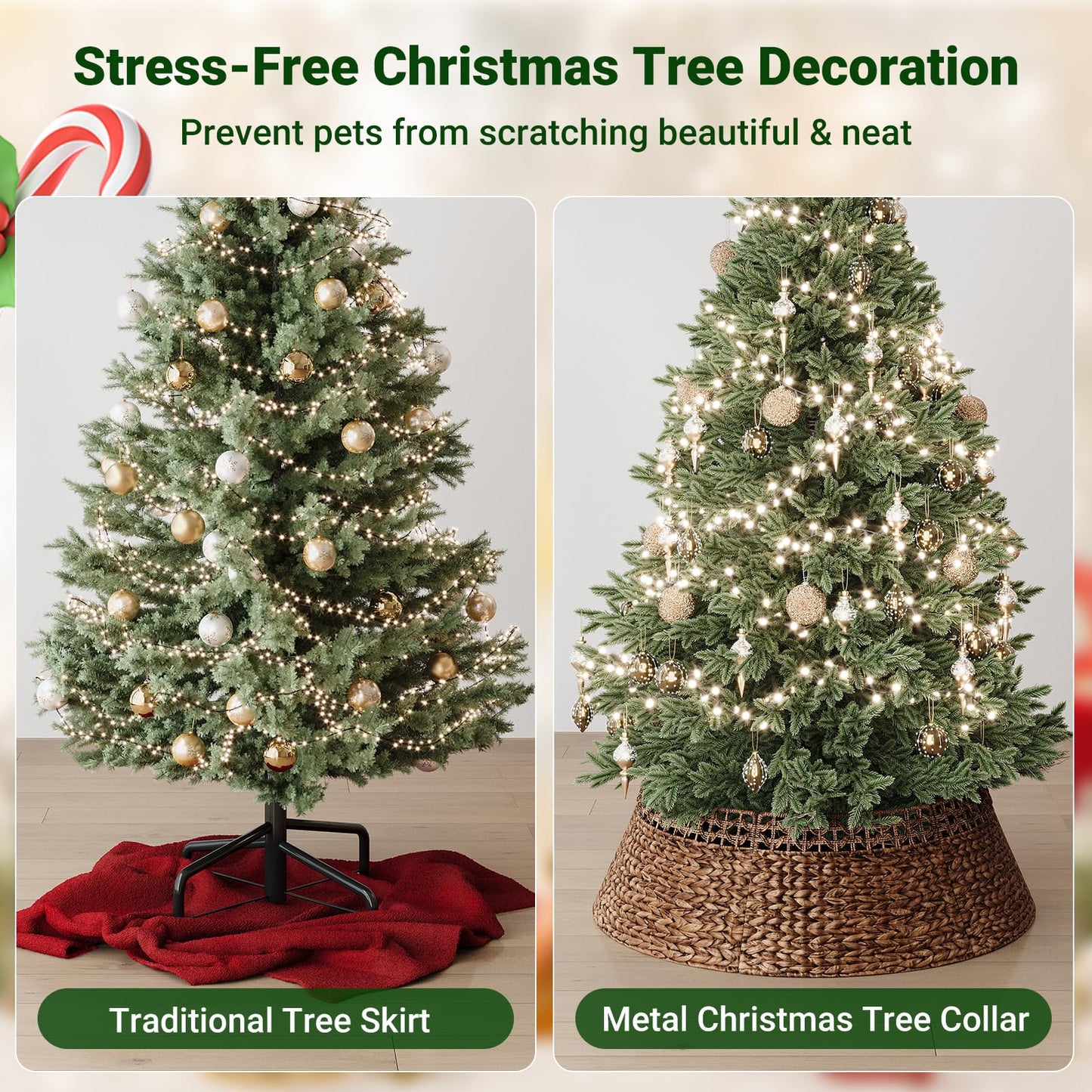 ELYKEN 33 Inch Woven Rattan Christmas Tree Collar, Stylish Seagrass & Water Hyacinth Xmas Tree Skirt for Artificial Trees, Wicker Tree Base Cover with Cord Cut-Out Farmhouse Tree Ring for Home Decor