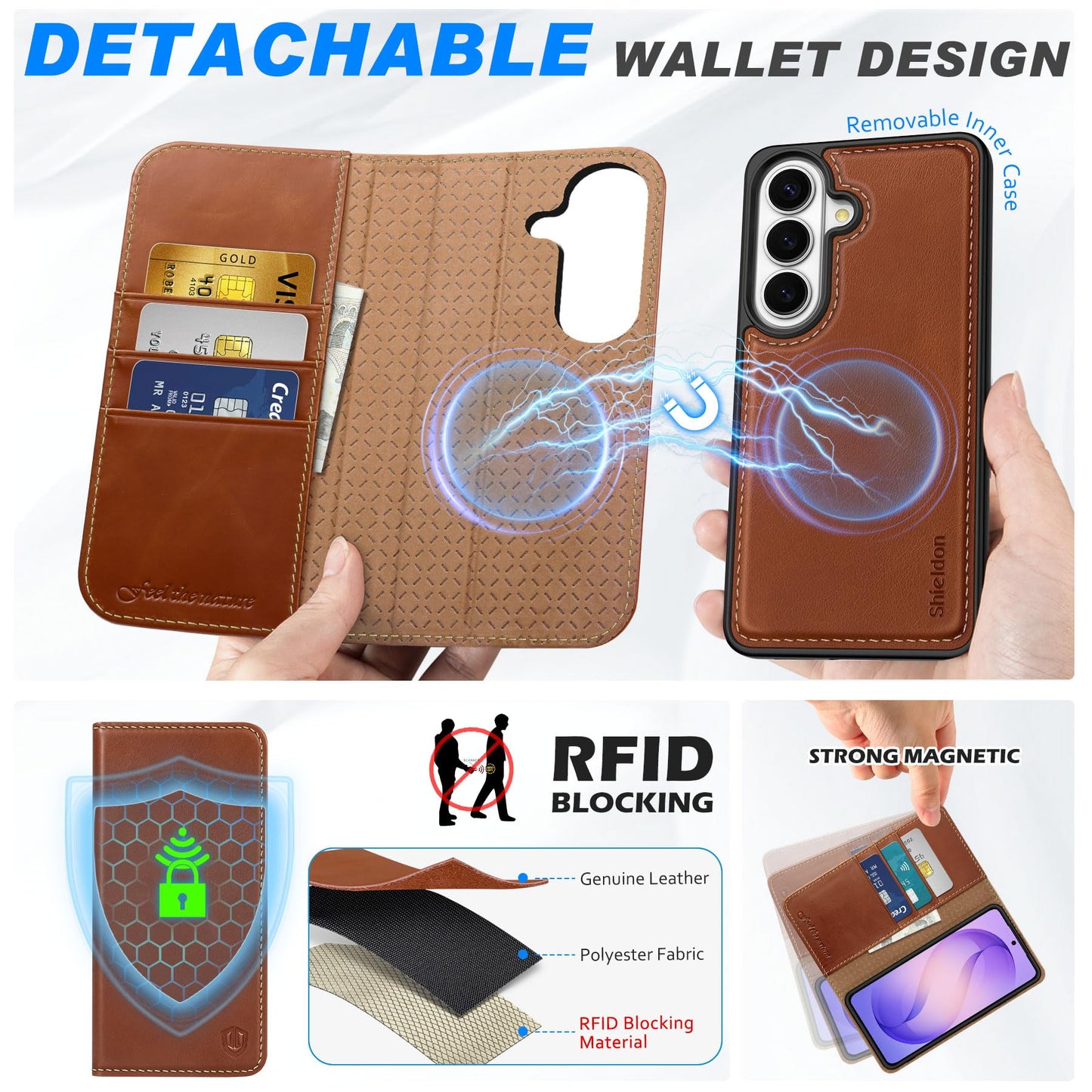 SHIELDON Detachable Wallet Case for Galaxy S26 6.3-inch, Genuine Leather, 2-in-1, Wireless Charging, Magnetic Closure, RFID Blocking Credit Card Slot, Kickstand, Full Protective Cover - Retro Brown