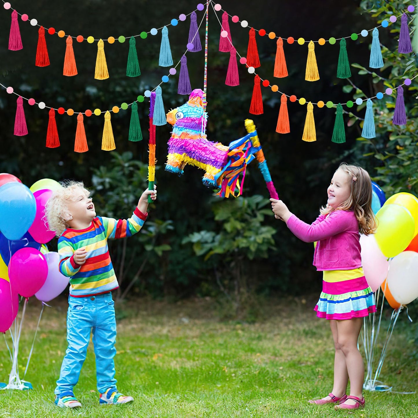 MARFOREVER 4 Pack 26.3 Feet Rainbow Tassel Pom Pom Garland Decorations Garland Banner Hanging Supplies for Back to School Decor Nursery Wall School Classroom Christmas Tree Birthday Party