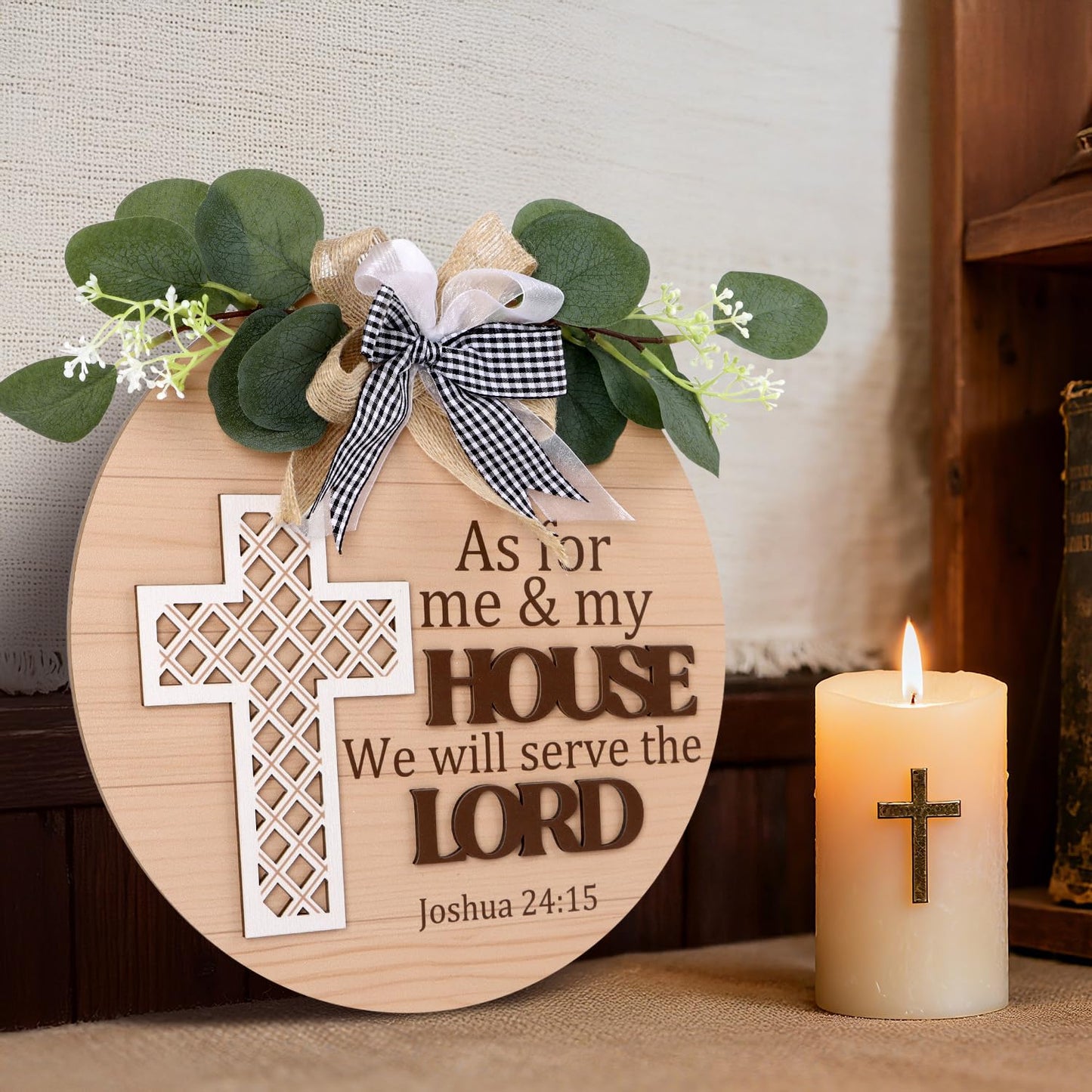 TOARTi Christian Cross Front Door Sign Wreath (11.4"x11.4"), Bible Verse Joshua 24:15 We Will Serve The Lord Wall Sign Hanging, Religious Home Wooden Door Decoration for Housewarming