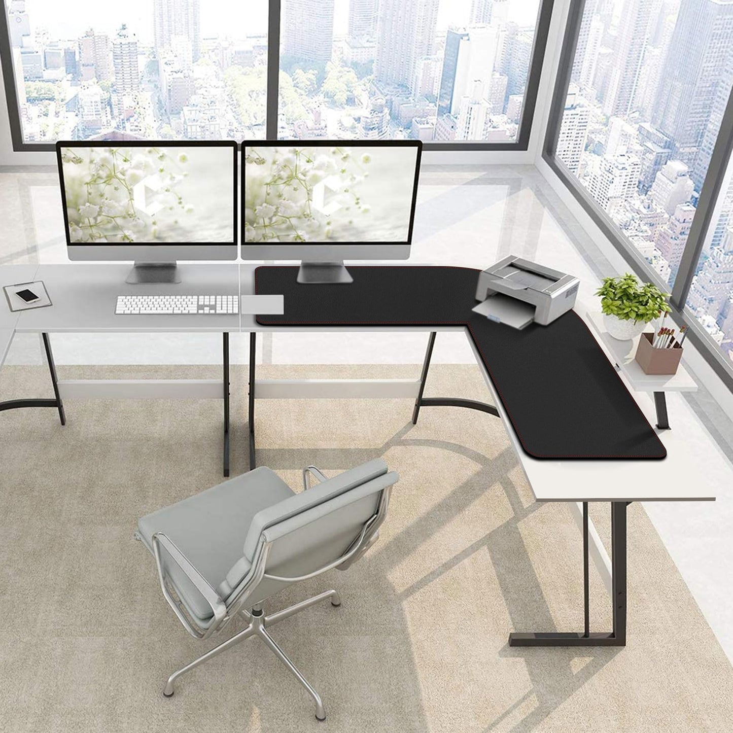 ZORESYN L-Shaped Gaming Desk Mat Mouse pad, Computer Corner Desk Pad, 47" Home Office Writing Desk Pad Protector, Large Waterproof PU Leather Corner Mousepad - Black, (120+120) x40cm