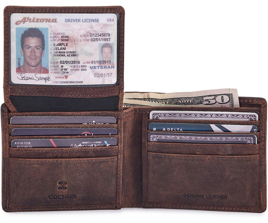 Bifold Wallet for Men's Real Genuine Slim Leather RFID Blocking 2 ID Windows Stylish Travel Gift Box (CRAZY HORSE, COGNAC)