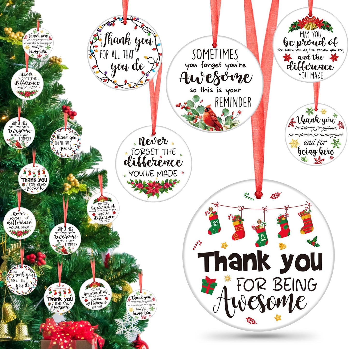 Barydat 24 Pcs Christmas Ornaments Employee Appreciation Gifts Bulk for Coworkers, Christmas Tree Ceramic Plaque Hanging Ornaments with Rope for Xmas Thanksgiving Teachers Nurses Gifts (Classic)