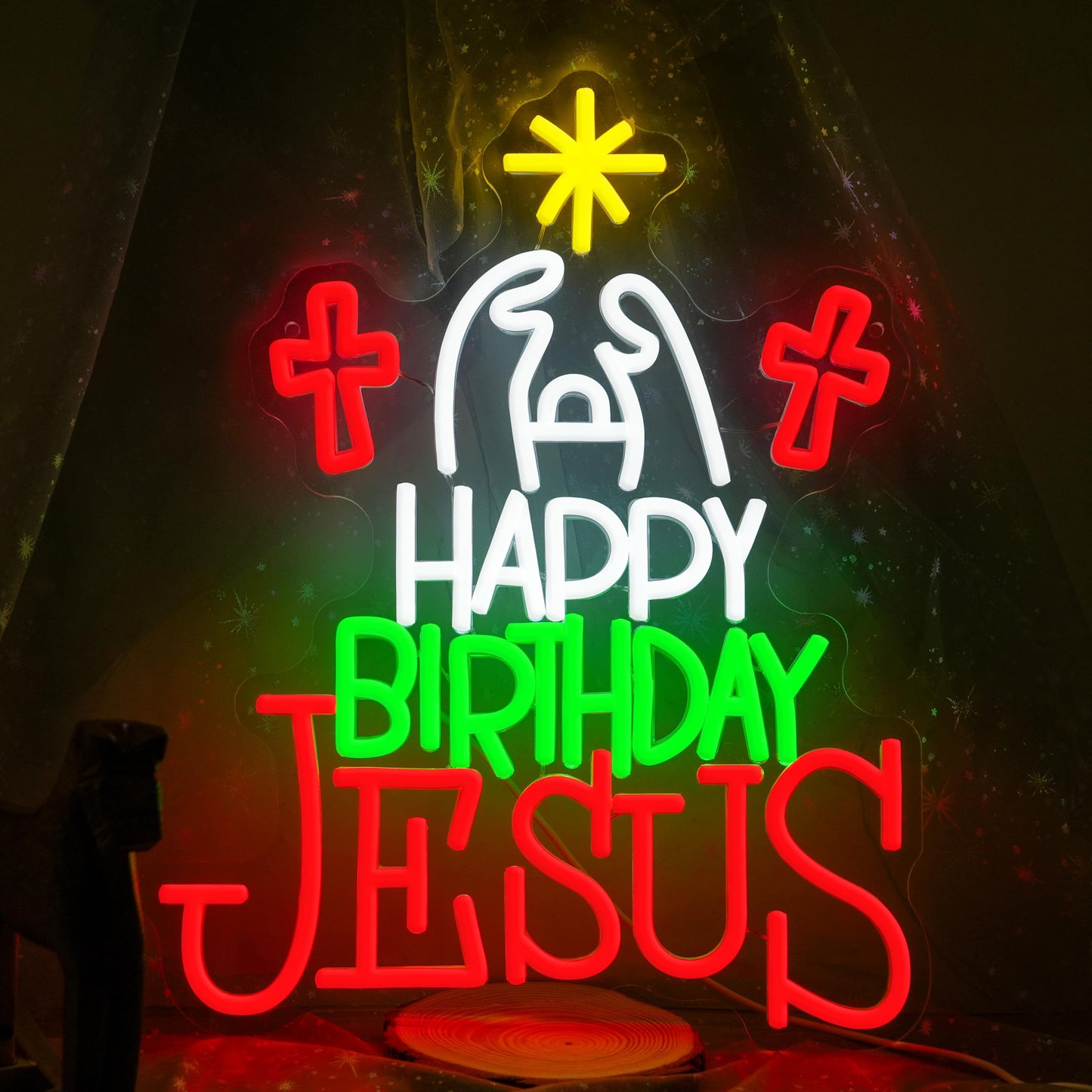JLEWUINH Happy Birthday Jesus Neon Sign for Christmas Decor Cross Neon Light Sign Dimmable USB Led Christian Religious Neon Wall Decor for Church Home Nativity Scene Faith-Based Holiday Gift