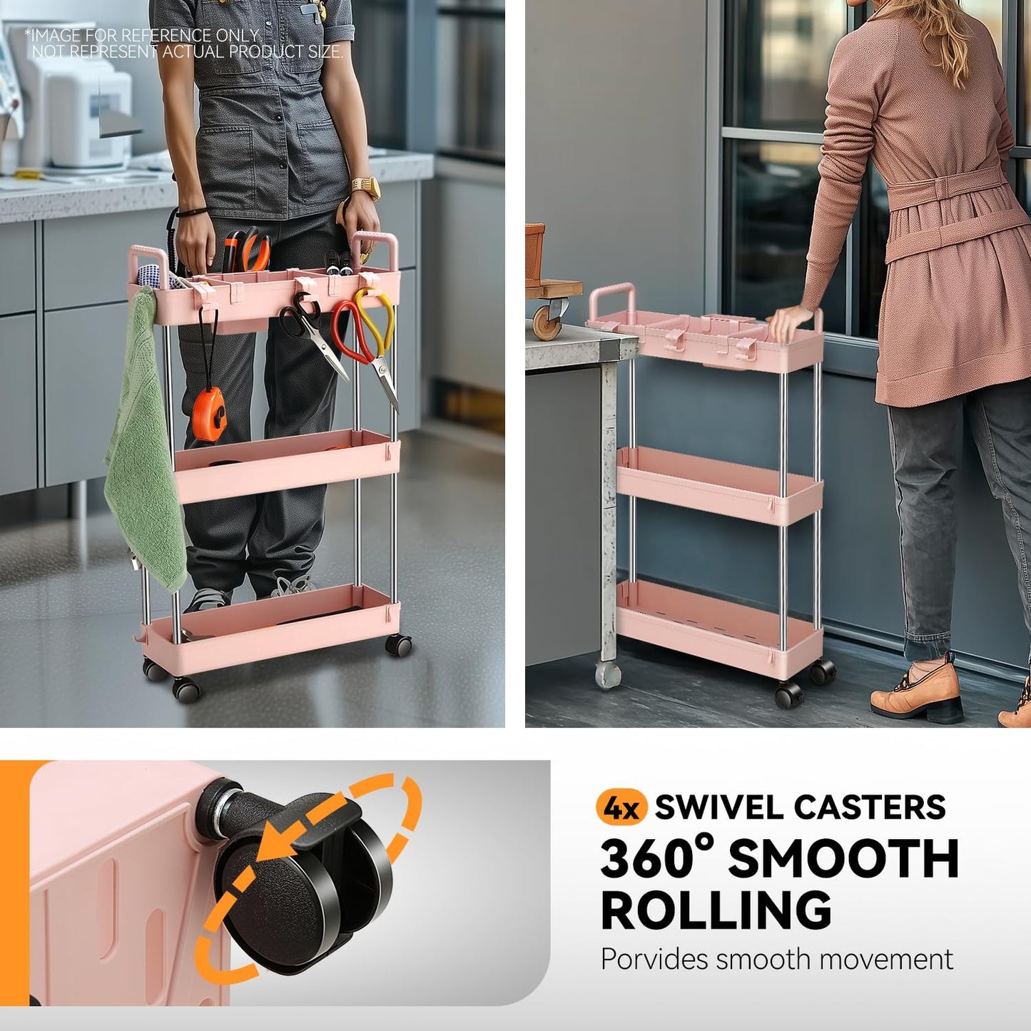 Auto Dynasty 3 Tier Slim Rolling Cart with Handle, Multifunction Utility Storage Rolling Cart, Movable Storage Organizer with Wheels for Office, Bathroom, Kitchen, Narrow Places (Pink)