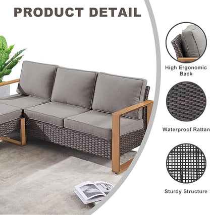 Rilyson Outdoor Wicker Patio Furniture Set - 6 Piece Patio Conversation Set with 2 Wicker Swivel Rocker Chairs,2 Rattan Ottoman,1 Side Table and 1 Couch,Thick Cushions,Deep Seating(Brown/Grey)