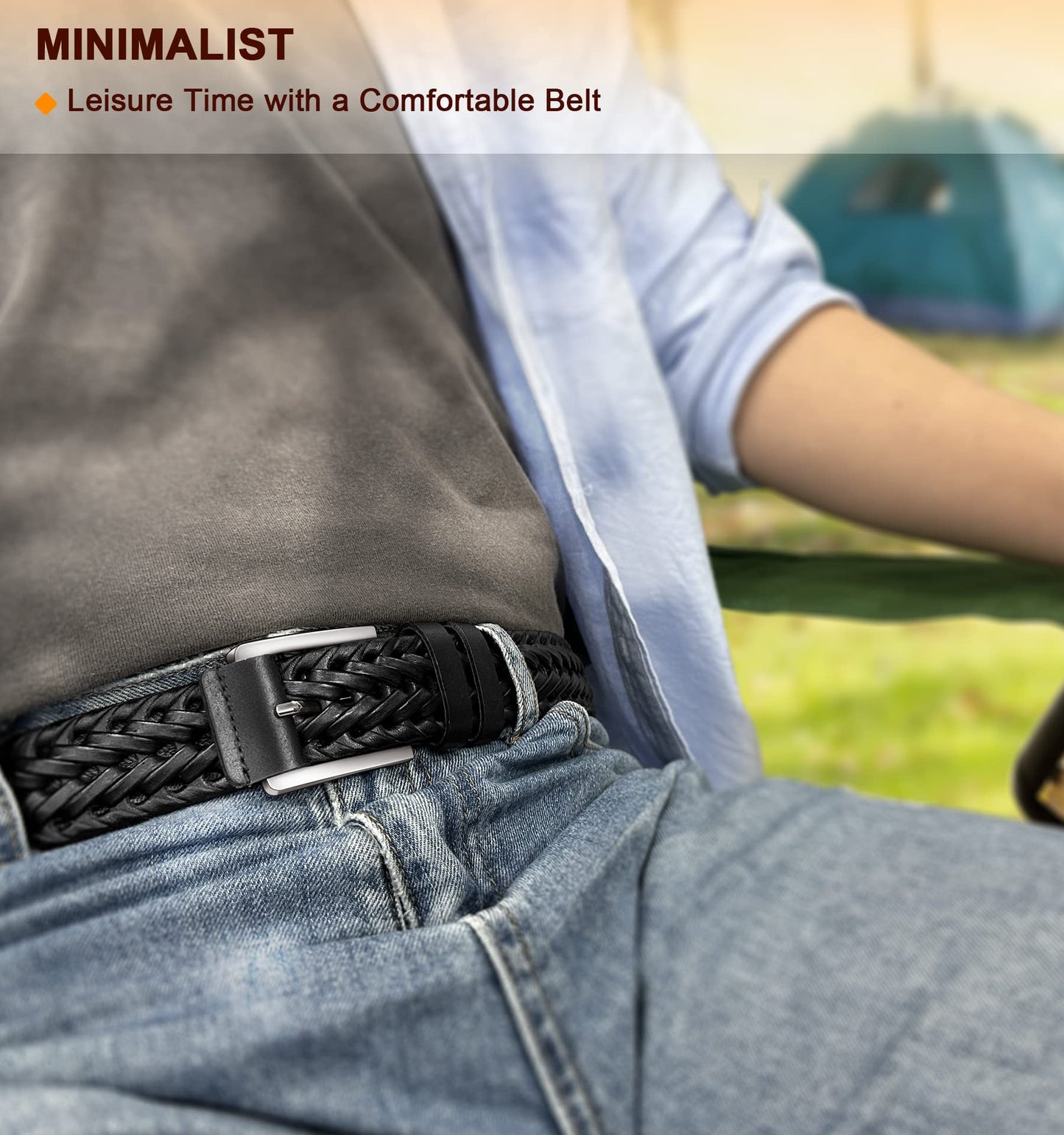 KEMISANT Mens belt 2 Pack, Woven Braided Leather Belt for Men Causal Golf Pants Polo Shirts Matching