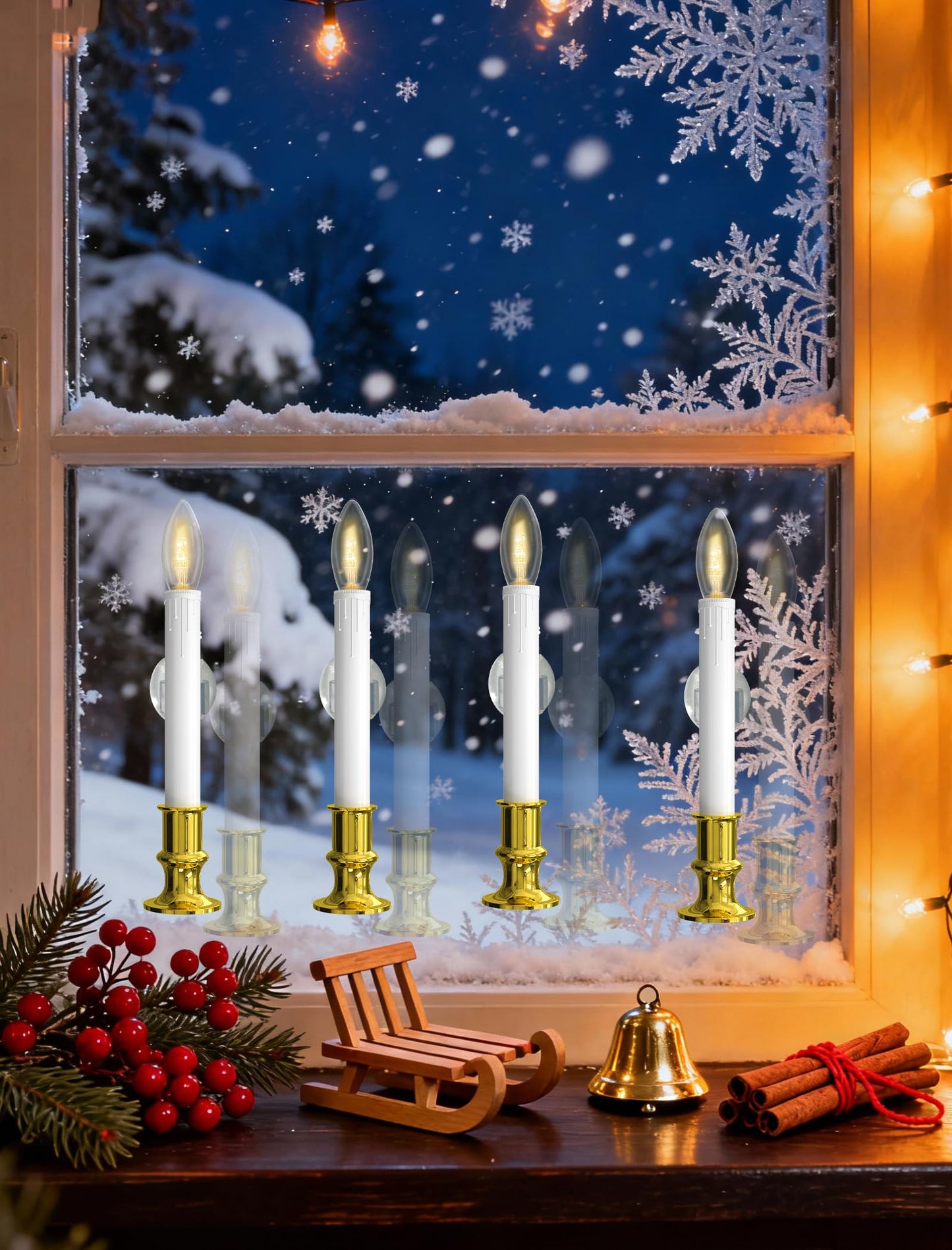Romasaty 4 Pack Christmas Window Candle Lamps, Battery Operated Window Candle Lights with Automatic Timer and C26 3V LED Bulbs Candlestick for Indoor Windows Table Decor, 4 Suction Cups