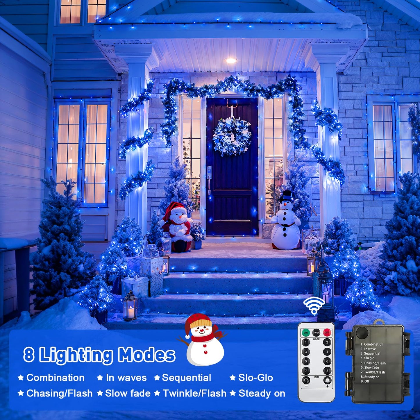 JMEXSUSS 2 Pack 100 LED Blue Christmas Lights Battery Operated, Each 33 FT Blue String Lights Indoor Outdoor Waterproof，Christmas Tree Lights with Remote for Garden Porch Yard Decor