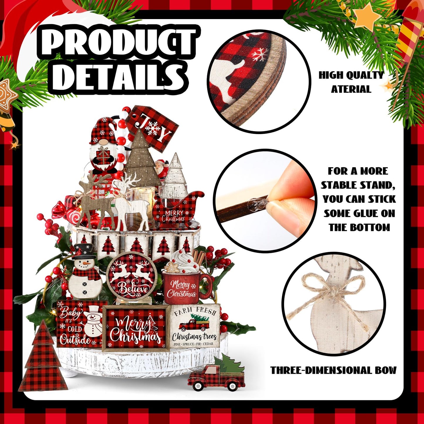 Shellwei 21 Pcs Christmas Tiered Tray Decor Set Wood Rustic Buffalo Plaid Christmas Decoration Winter Farmhouse Decor Xmas Trees Gnome Elk Snowflake Signs for Table Shelf Home Centerpiece (Plaid)