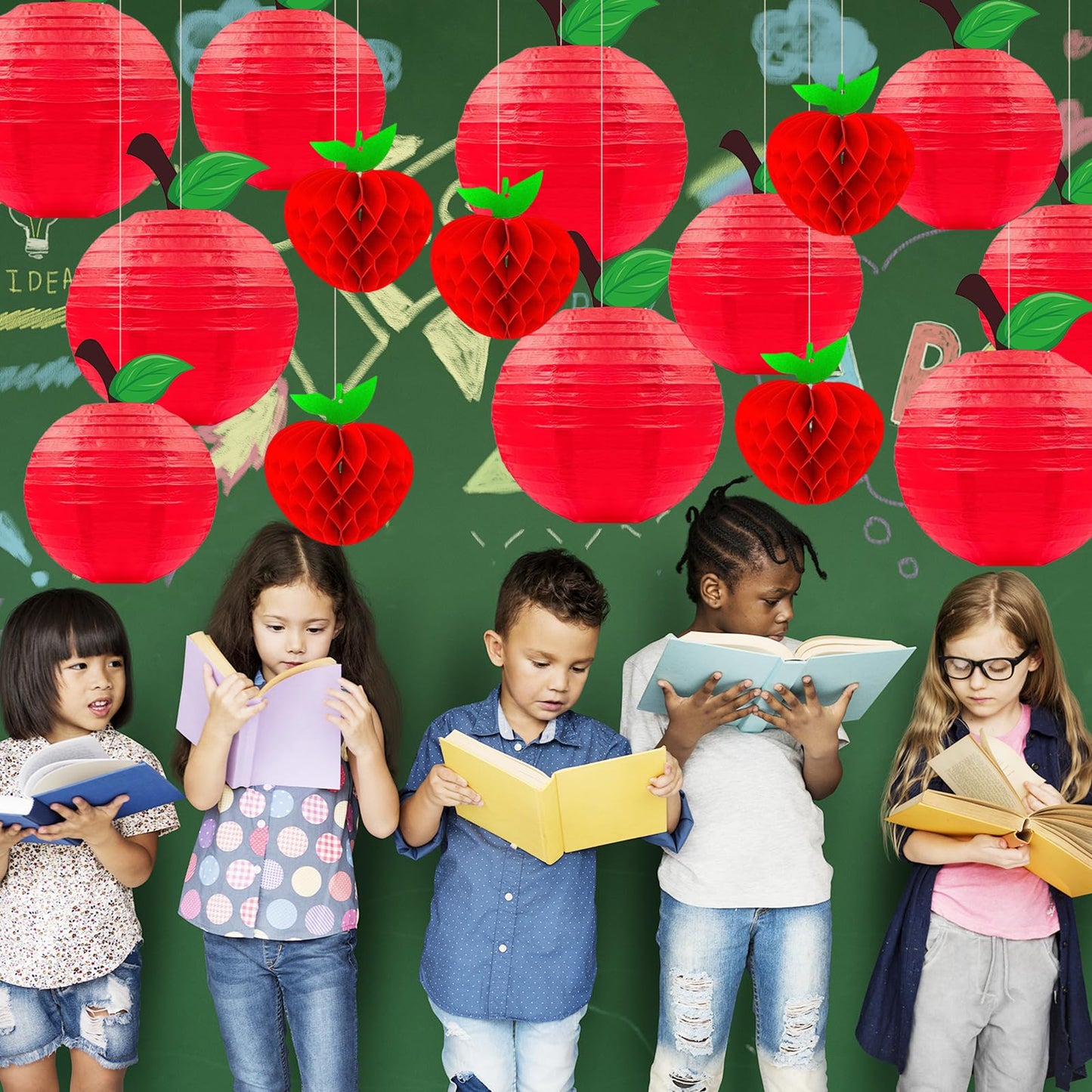 15Pcs Red Apple Paper Lanterns, Apple Decor Hanging Decorations Classroom Home Office Birthday & Fruit Themed Parties