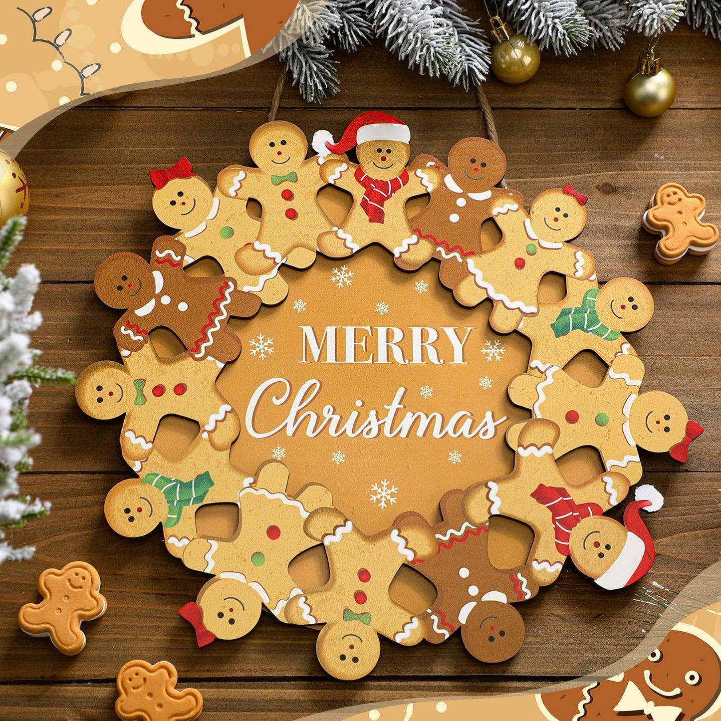 Yousoontic Merry Christmas Gingerbread Man Wreath, Wooden Gingerbread Man Front Door Hanging Sign for Holiday Xmas Indoor Outdoor Home Door/Wall Decor, 11.8 Inch