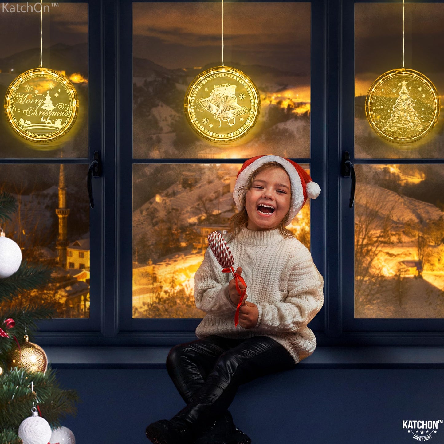 KatchOn, Light Up Window Christmas Decorations Indoor - Pack of 3 | Santa, Reindeers and Christmas Tree for Party Decorations | LED Hanging Lights, Battery Operated Christmas Lights Indoor