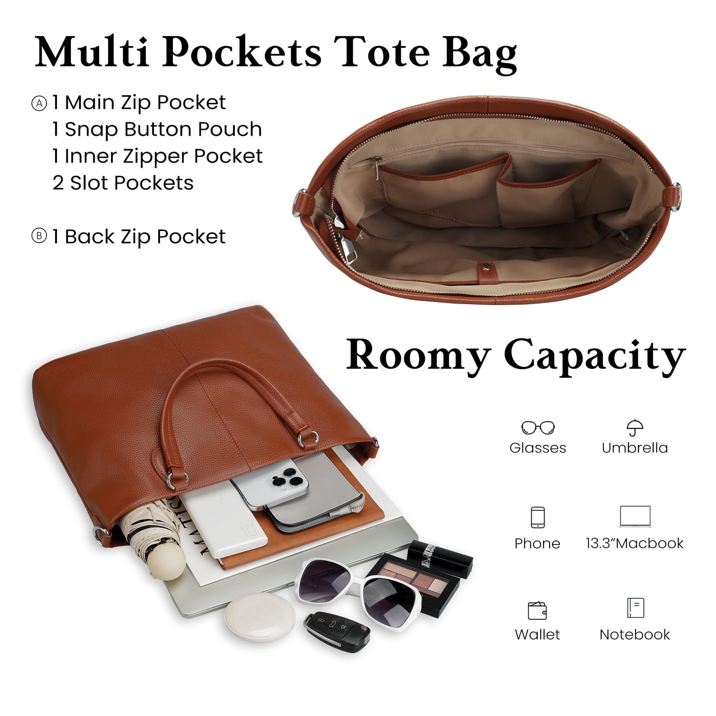befen Brown Soft Real Leather Tote Bag for Women, Womens Leather Work Purses Handbags Crossbody Shoulder Bags with Top Handles Satchel Purse
