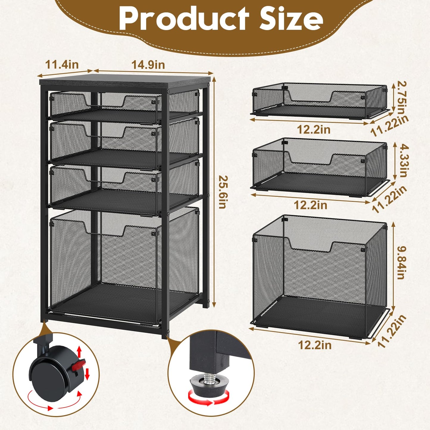 Sbanmao Rolling File Cart with 4 Storage Drawers, Mobile File Cabinet with Wheels, Hanging File Organizer, Under Desk Printer Stand Utility Cart Filing Cabinet for Home Office, Black