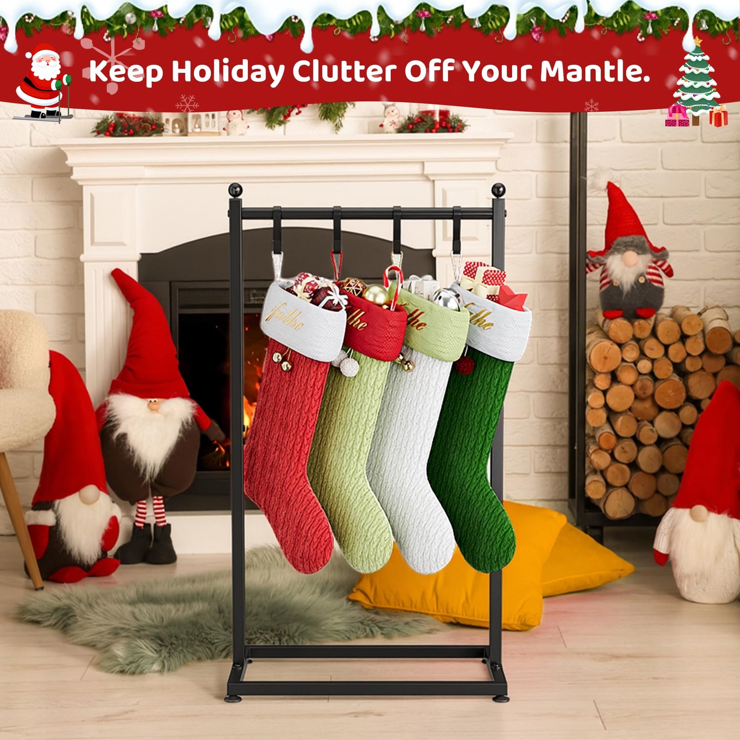 VERSASKY Christmas Stocking Holder Stand for Floor, Free Standing Stocking Rack with 4 Removable Hooks, Heavy Duty Metal Frame, 40 lbs Capacity, Adjustable Feet for Stable Display, Black