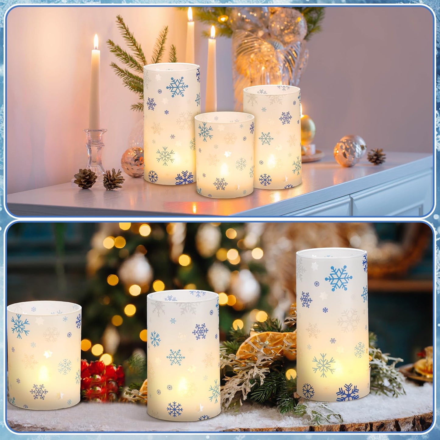 Baquler 3 Set Snowflake Flameless Candles Christmas Winter Themed Lampshade with LED Tea Lights Silver and Blue Snowflake Candle Decorations for Xmas Winter Tabletop Fireplace Home Decor