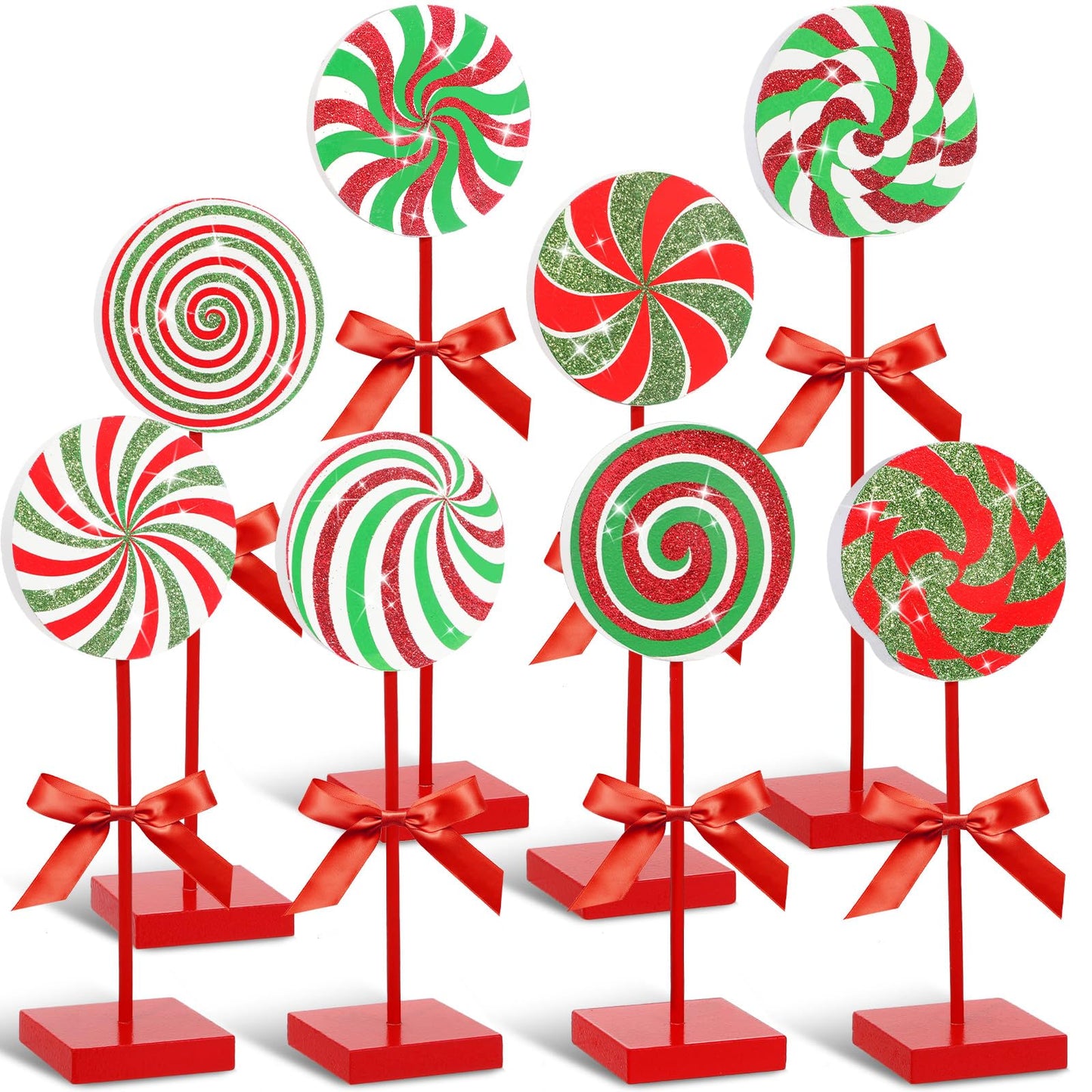 Amyhill 8 Pcs Christmas Candy Wooden Tabletop Decor Glitter Xmas Candy Cane Table Centerpiece Sign for Christmas Tiered Tray Home Desk Office Party Decoration(Exquisite,Red,Green)