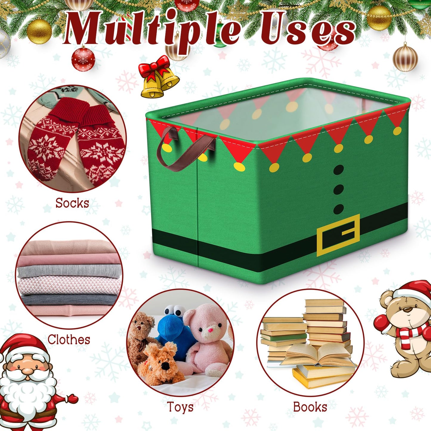 Bokon 3 Pack Christmas Storage Basket for Gifts Empty Collapsible Large Xmas Storage Bins Canvas Foldable Laundry Basket with Handle Clothes Containers for Office Home Bedroom(Santa Suit)